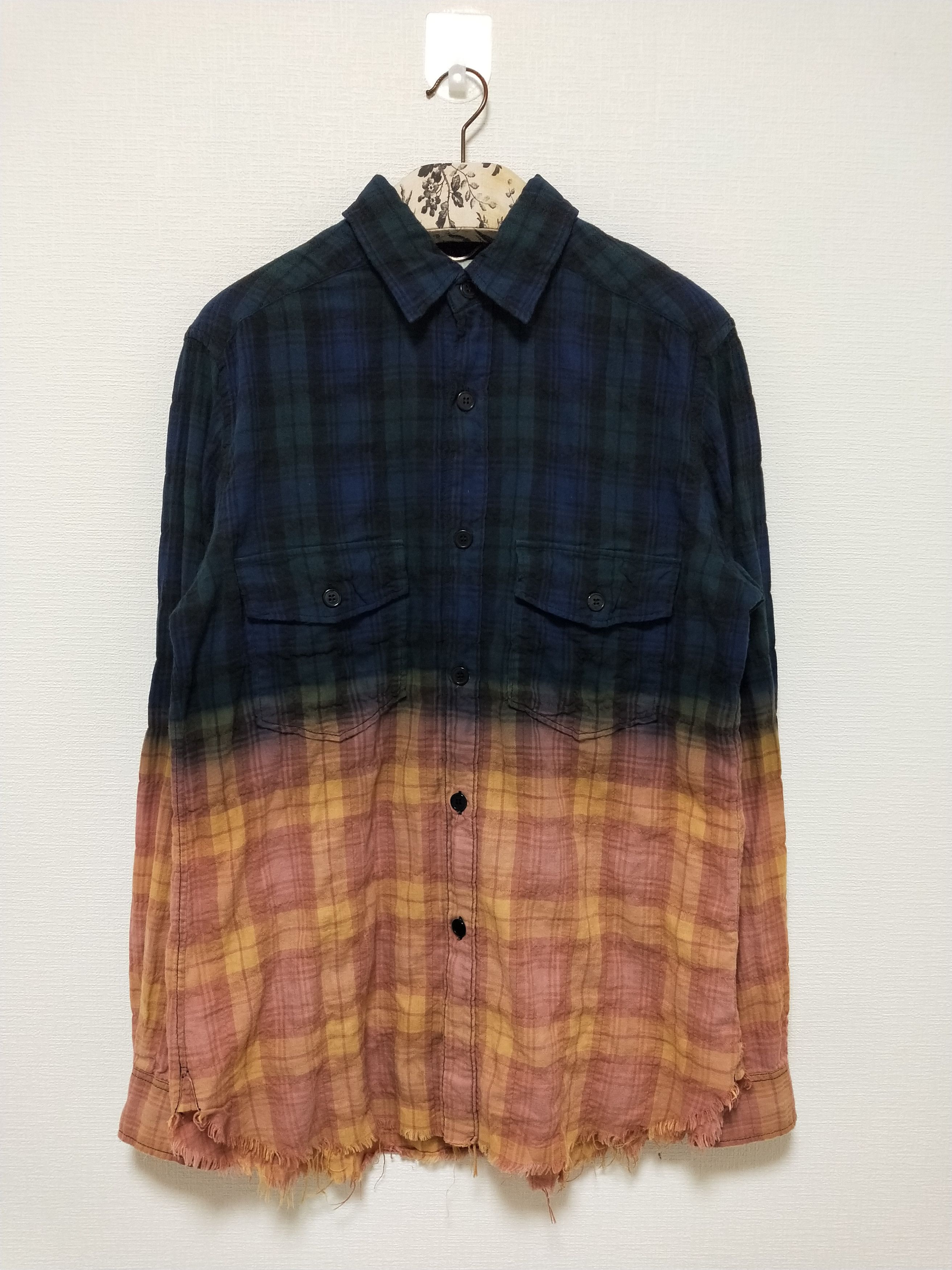 image of Hedi Slimane x Saint Laurent Paris Raw Hemmed Ombre Bleach Flannel Shirt, Men's (Size Large)