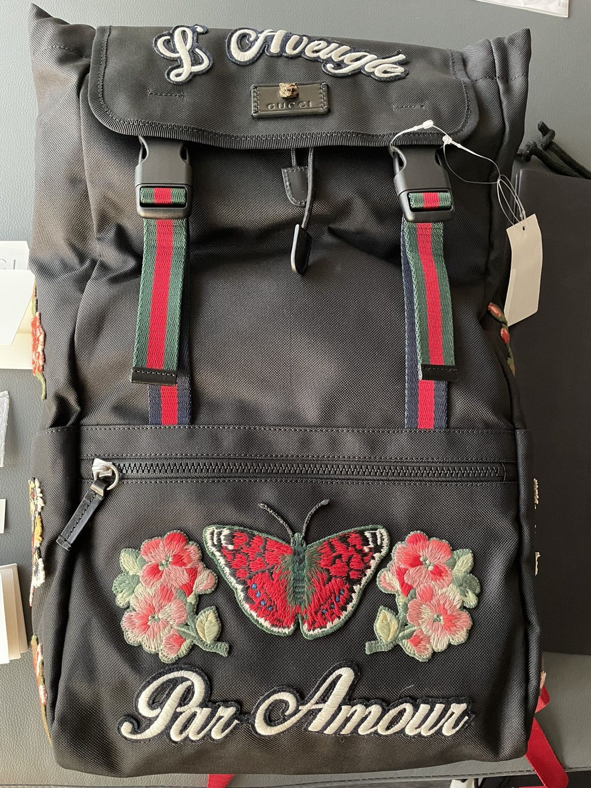 image of Gucci $3K Super Runway Embroidery Backpack Bag in Black, Women's