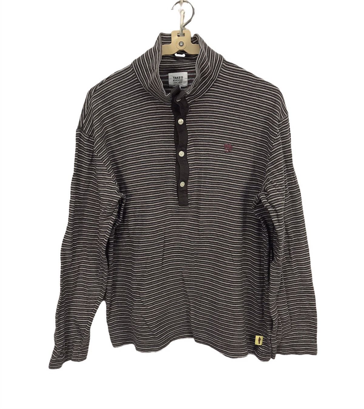 image of Takeo Kikuchi Stripe Half Button Long Sleeve, Men's (Size Medium)