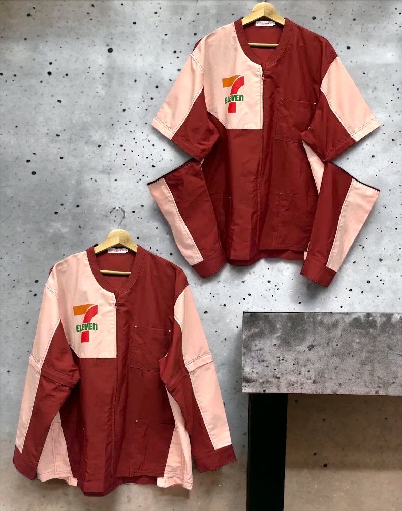 🔥Vtg 7 ELEVEN JAPAN Zipper Up Polyester 2 Way Sleeves Shirt