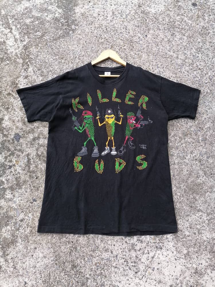 image of Vintage 90's Fashion Victim Killer Buds Weed Marijuana Tee in Black, Men's (Size Large)