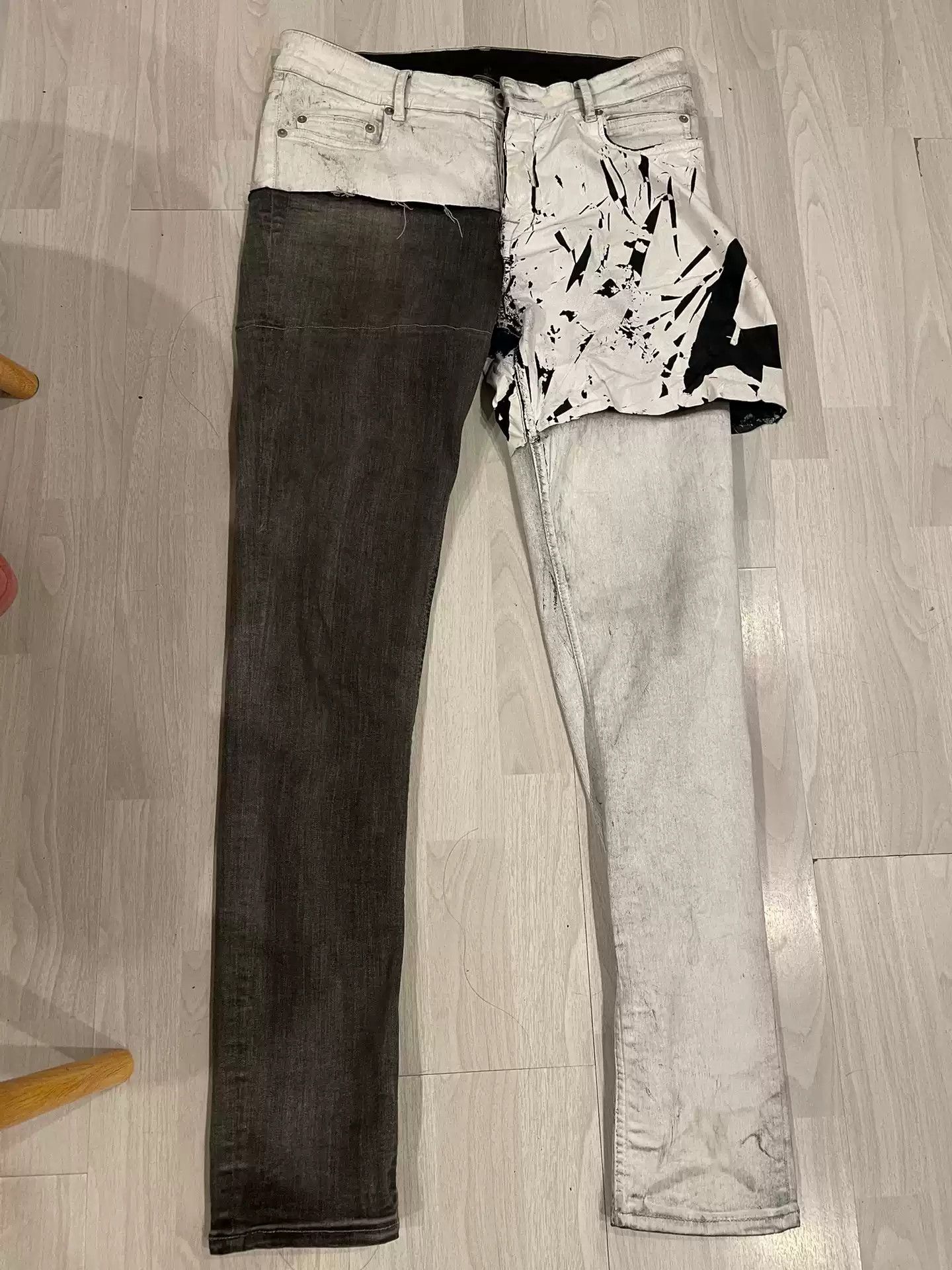 image of Rick Owens 20Ss Denim Pants Show Ink-Splashed Jeans in Black White, Men's (Size 32)