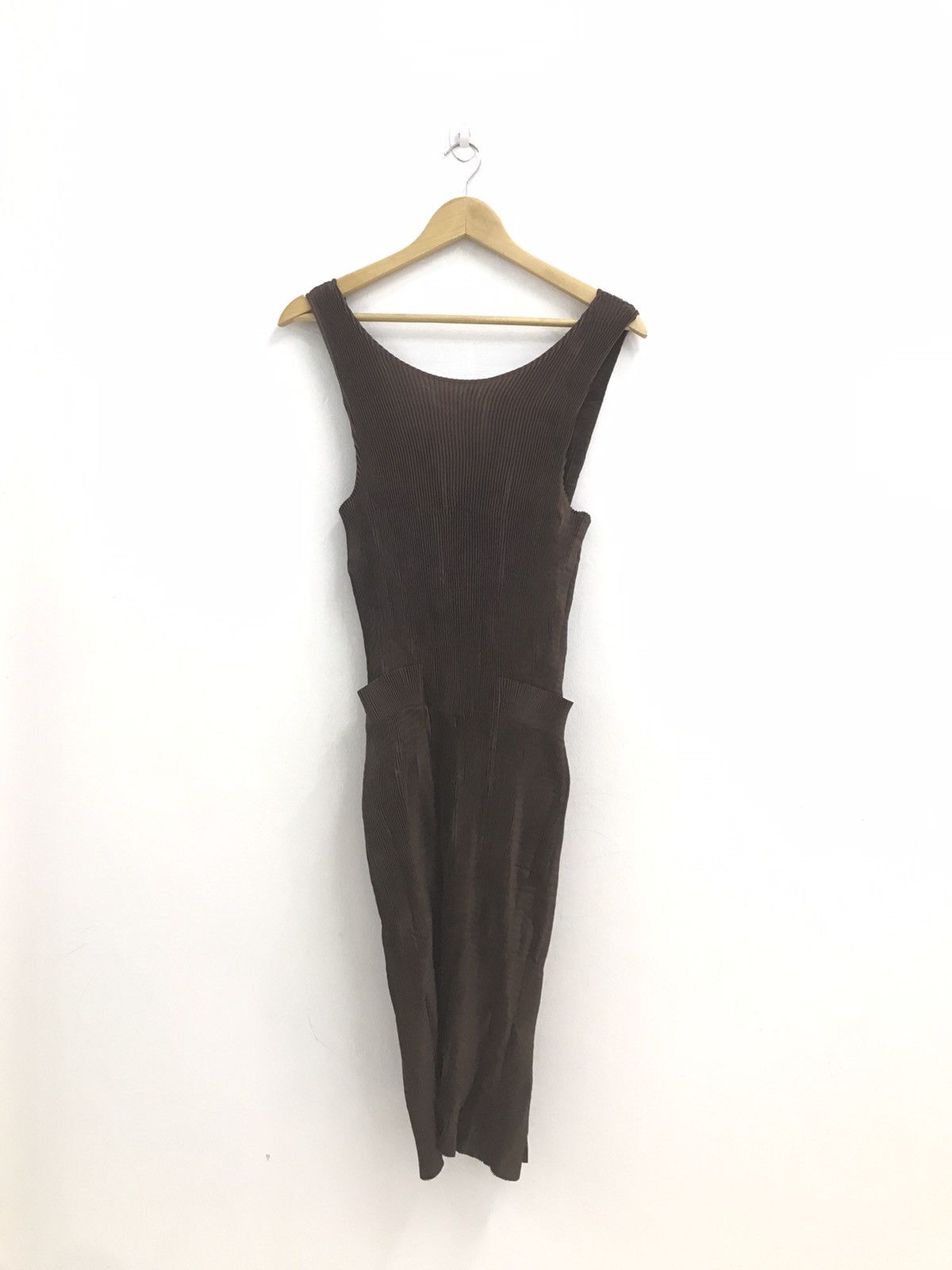 Vtg 90s Issey Miyake Brown Pleats Dress Single Button