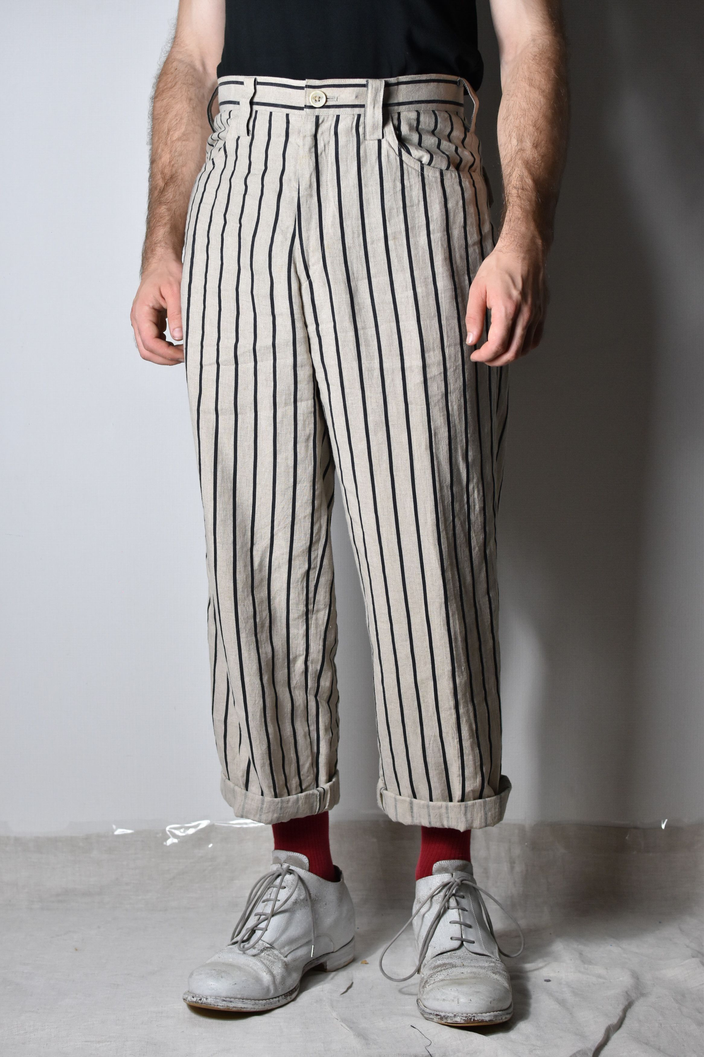 Pre-owned Yohji Yamamoto Yyph Ss06 Striped Linen Pants - Hr-p24-315 In White/black