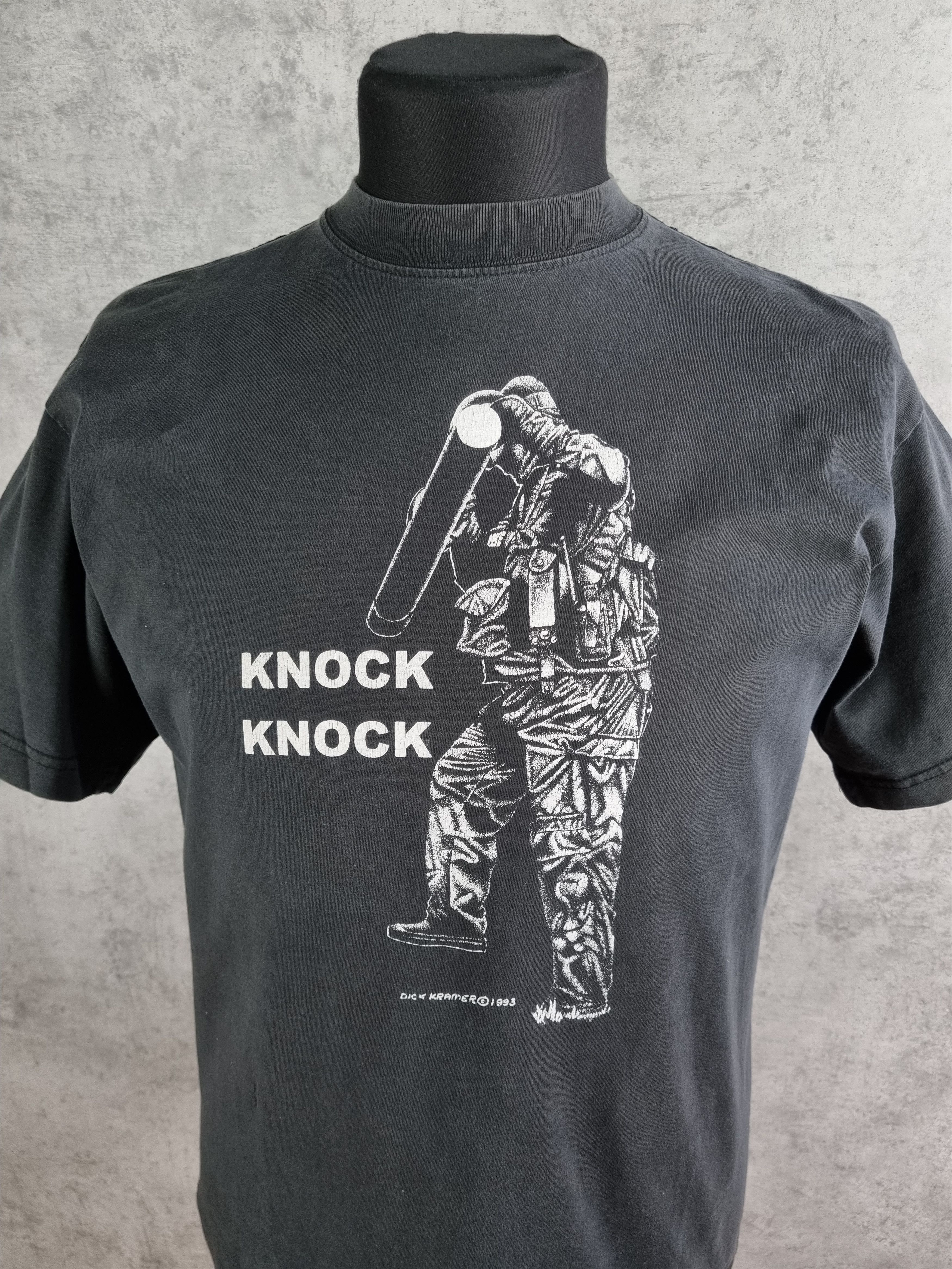 image of Avant Garde x Military 1993 Knock Knock We Make House Calls Vintage Tee Shirt in Black (Size Large)