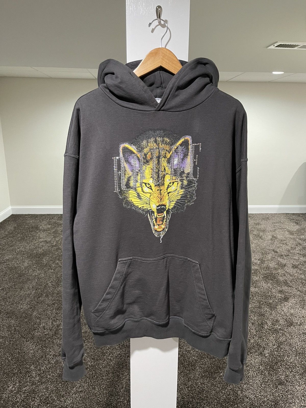 image of Rhude Swarovski Wolf Vintage Wash Hoodie Barneys Exclusive in Grey, Men's (Size Large)