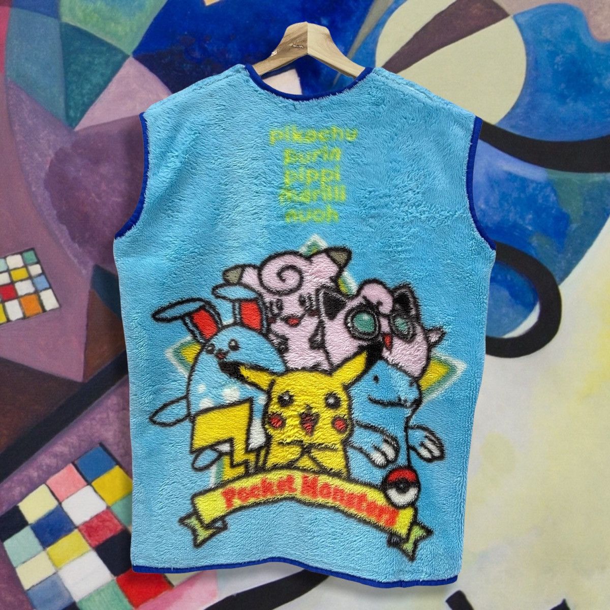 image of Very Rare90's Pocket Monster Pokemon Pikachu Fleece Vest in Blue, Men's (Size Medium)
