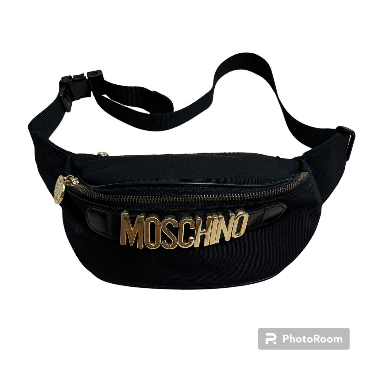 Ceinture Moschino Vintage Cuir Et Toile - Taille 65/71, Occasion, Noir Et Marron