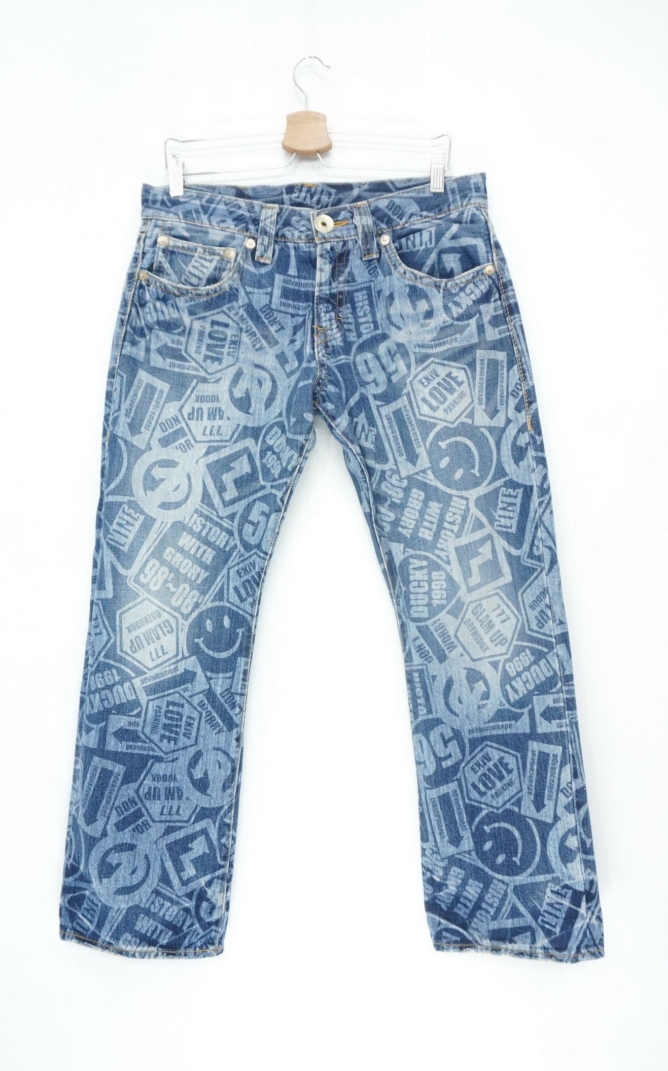 image of Glamour Co & Lu Japan All Overprint Smiley Denim Japan Pop Art Dhl in Denim Blue, Men's (Size 33)