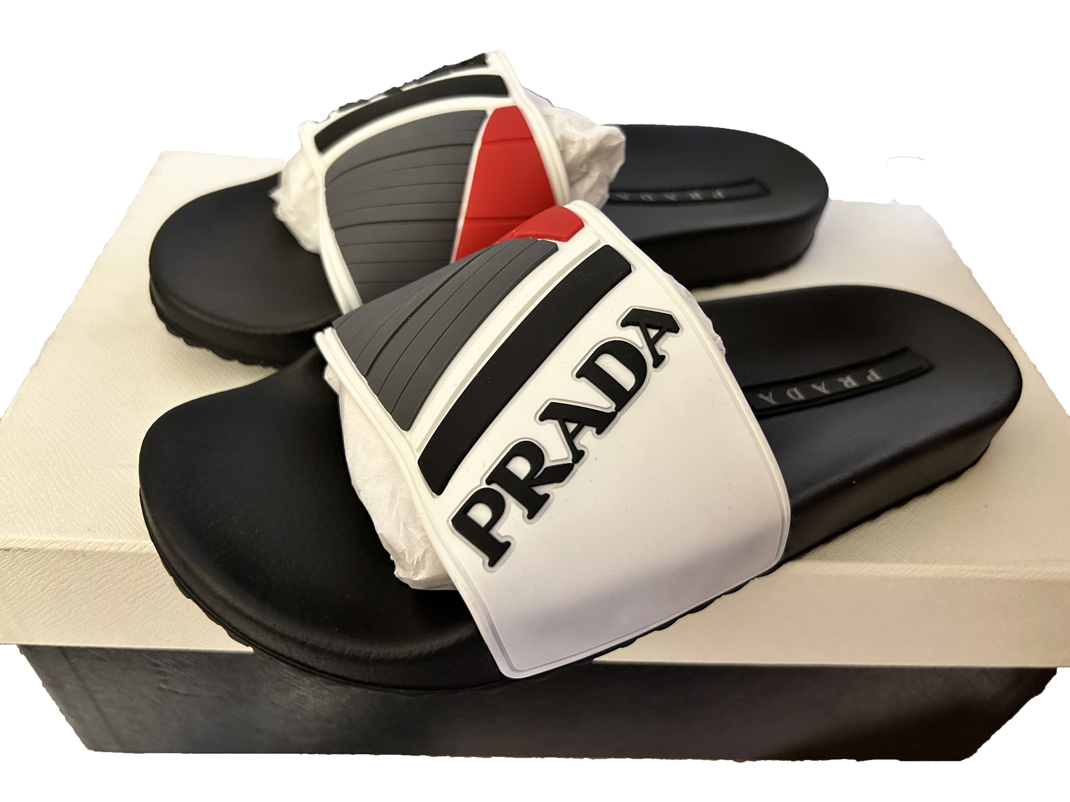 Prada Logo Embossed pool side Slides Sandals linea rossa Rubber Size US 7 / EU 40 - 2 Thumbnail