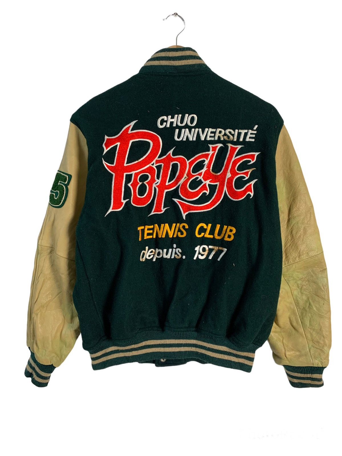 image of Popeye Tennis Club Leather Varsity Jacket in Green, Men's (Size Medium)