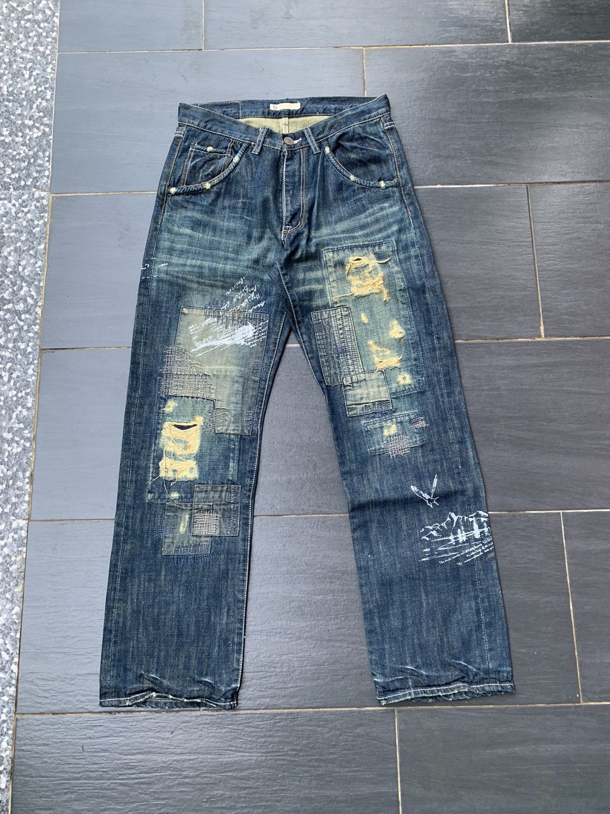 Global Work Global Work Japanese Distressed Sashiko Denim Size US 33 - 1 Thumbnail