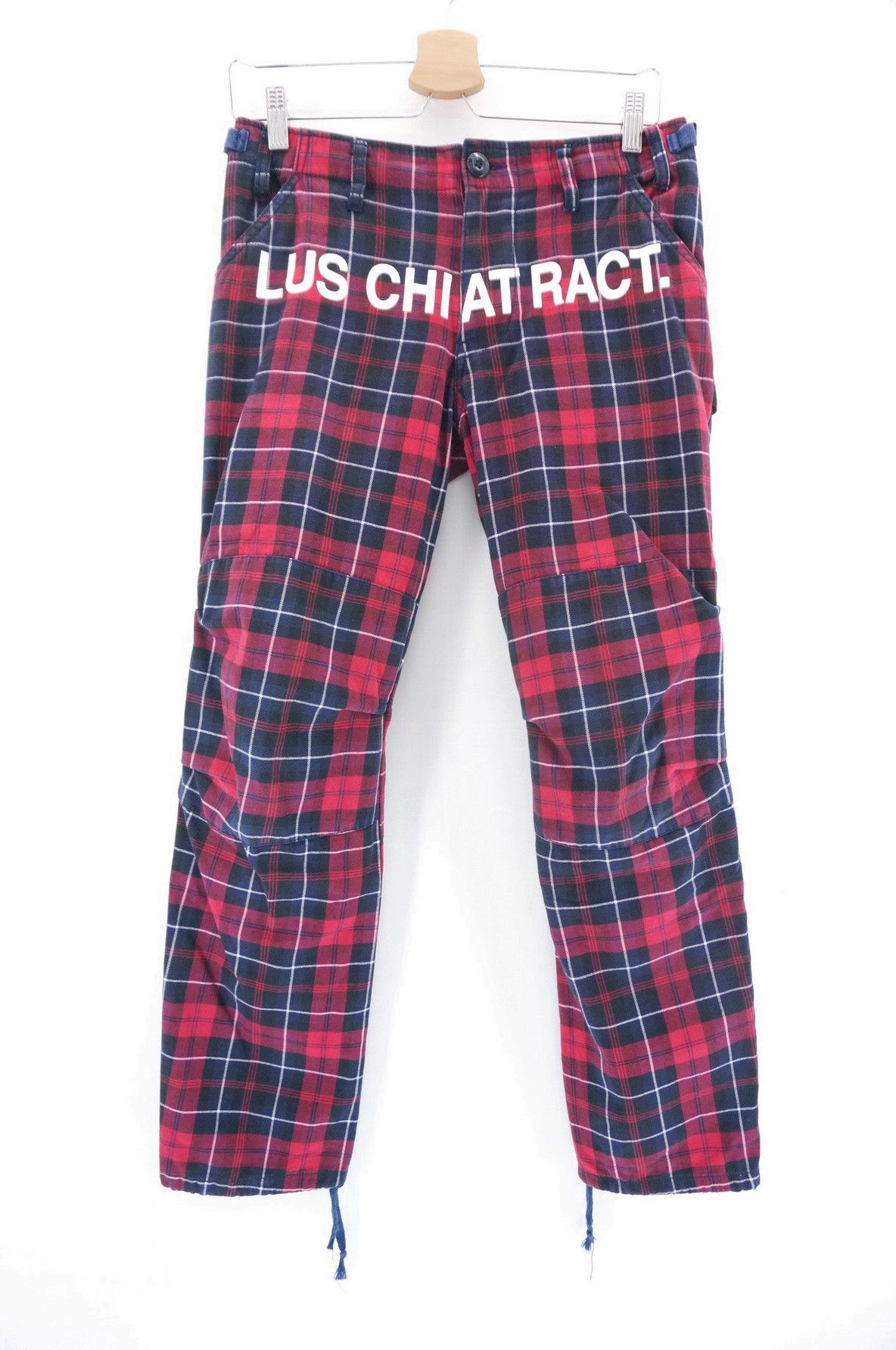 image of Vintage Re Dark Plaid Skinny Punk Short Rise Worn Pants in Red Blue Plaid Tartan, Men's (Size 29)