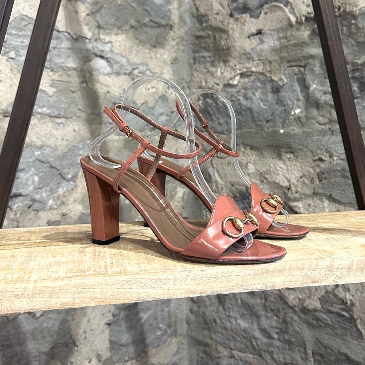 Gucci Tan Patent Leather Horsebit Heeled Sandals