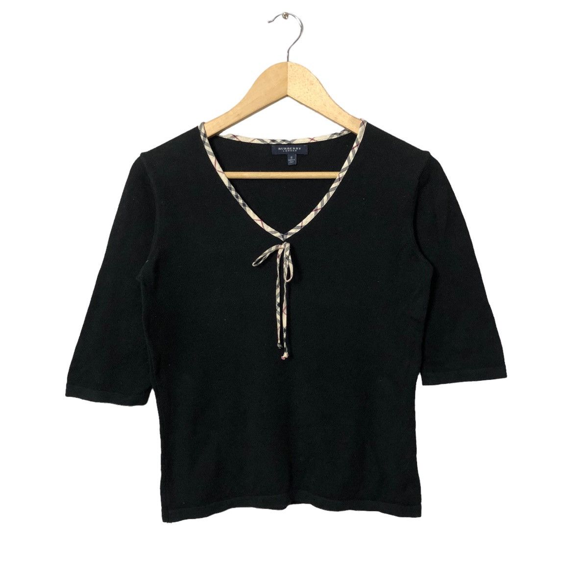image of Burberry London V Neck Nova Check Crop Top Made Italy in Black, Women's (Size XS)