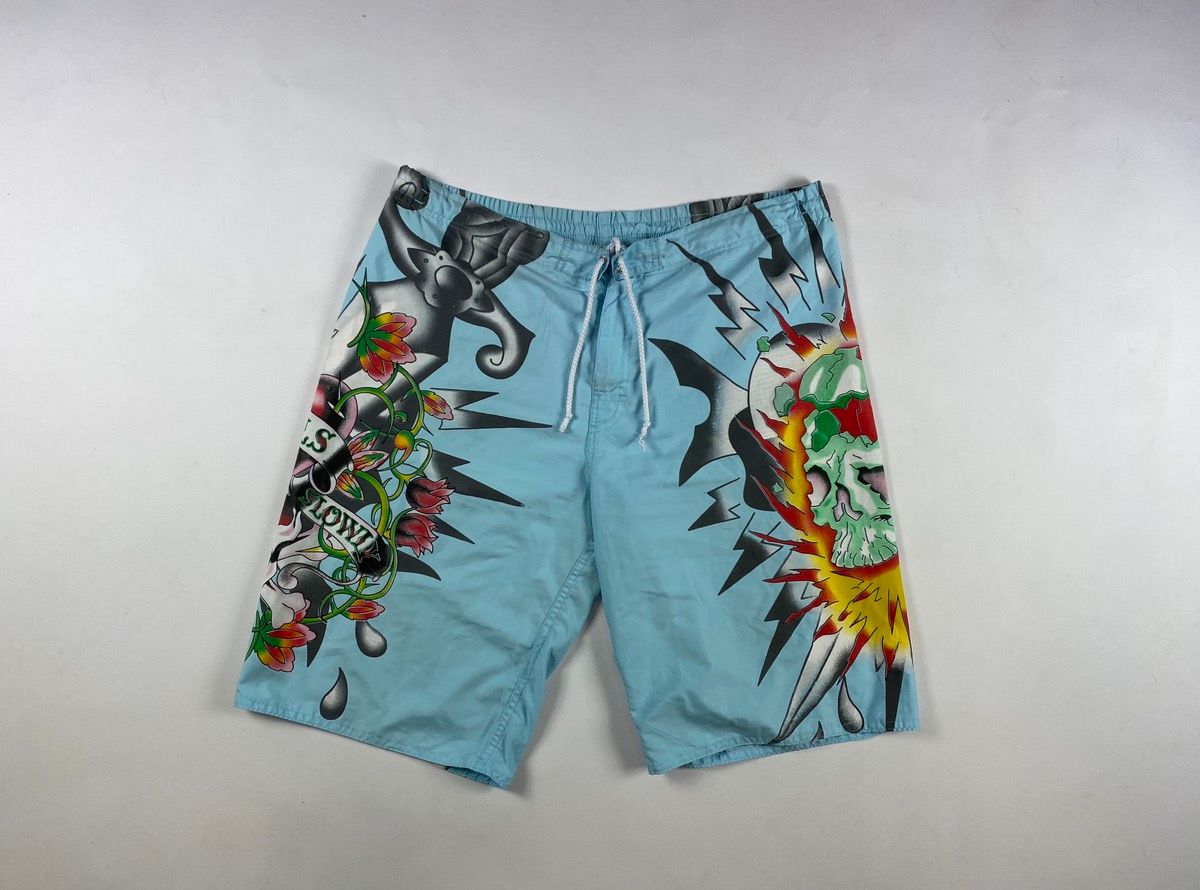 Pre-owned Christian Audigier X Ed Hardy Vintage Ed Hardy All Over Print Shorts In Blue
