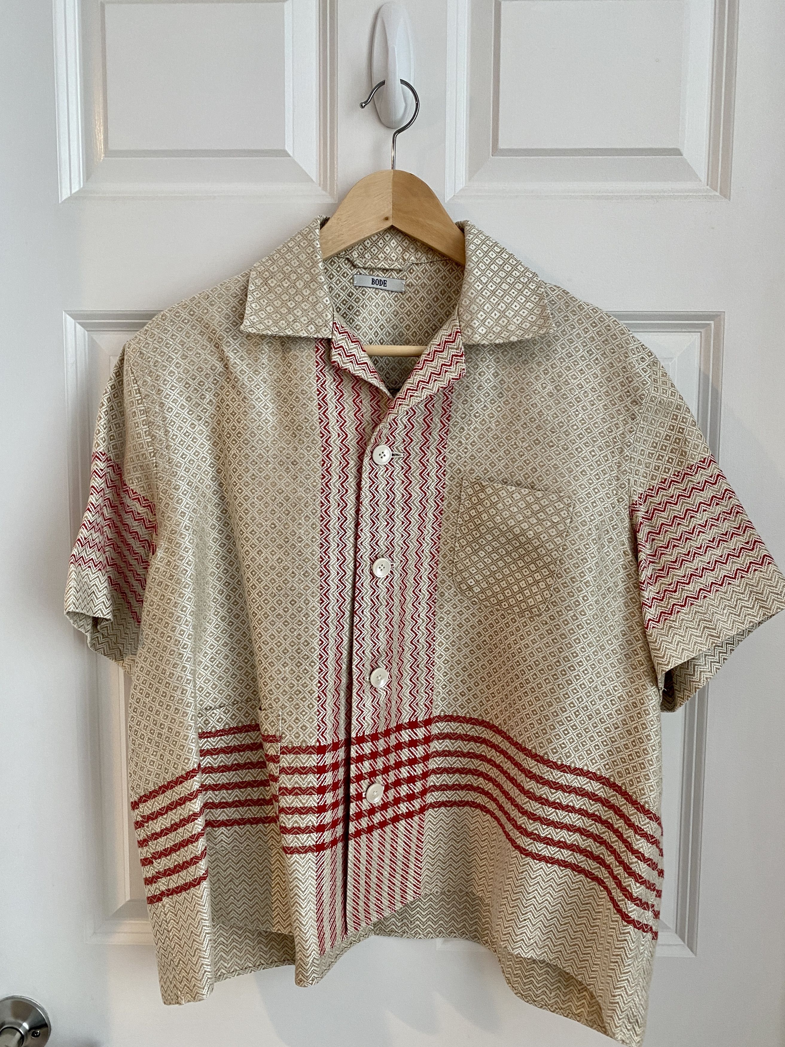 image of 1/1 Bode Plaid Tablecloth One-Of-A-Kind Camp Shirt in Champagne/Red, Men's (Size Medium)