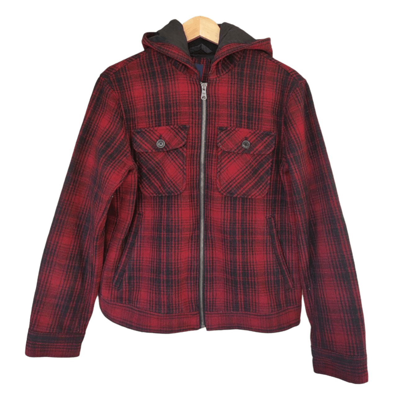 image of Cashmere Wool x Flannel Gap Checkered Wool Zipper Hoodie Jacket in Black/Red, Men's (Size Small)