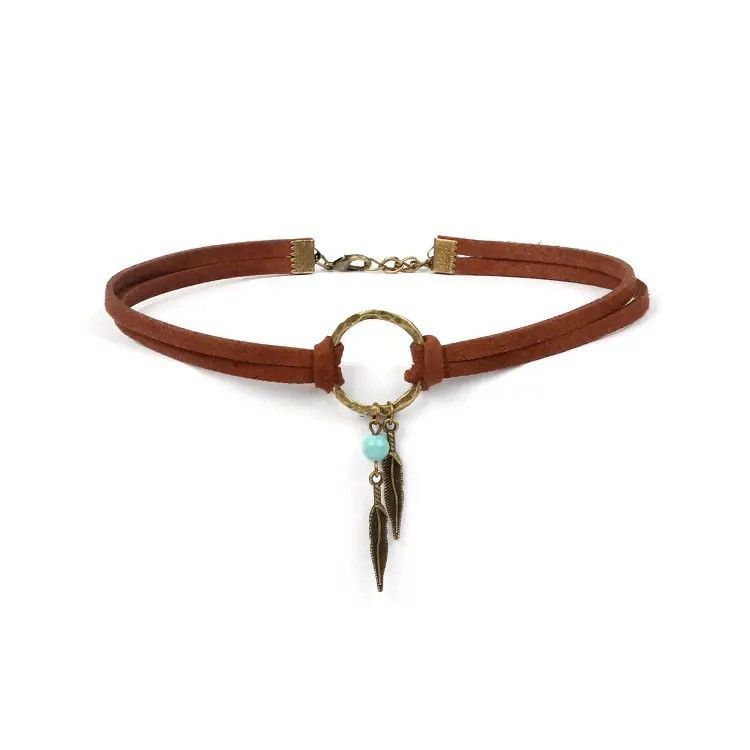 Jewelry Brown Leather Feather Choker Necklace Antique Copper Size ONE SIZE - 1 Thumbnail