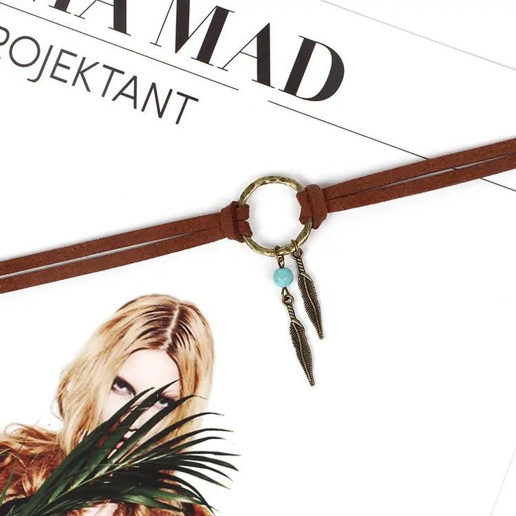 Jewelry Brown Leather Feather Choker Necklace Antique Copper Size ONE SIZE - 2 Thumbnail