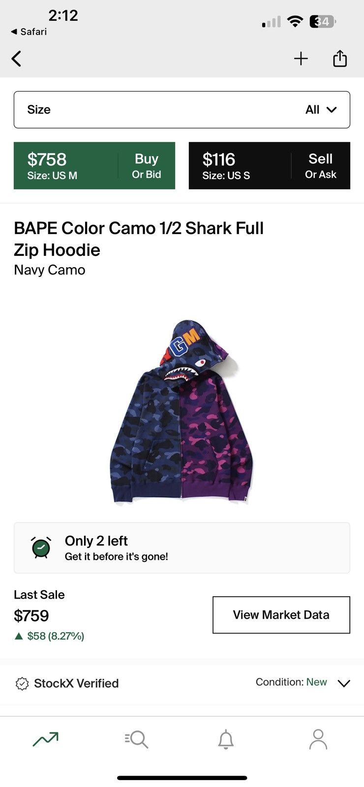 Bape A Bathing Ape: Purple/Blue Split Camo Shark Full Zip Hoodie Size US M / EU 48-50 / 2 - 17 Thumbnail