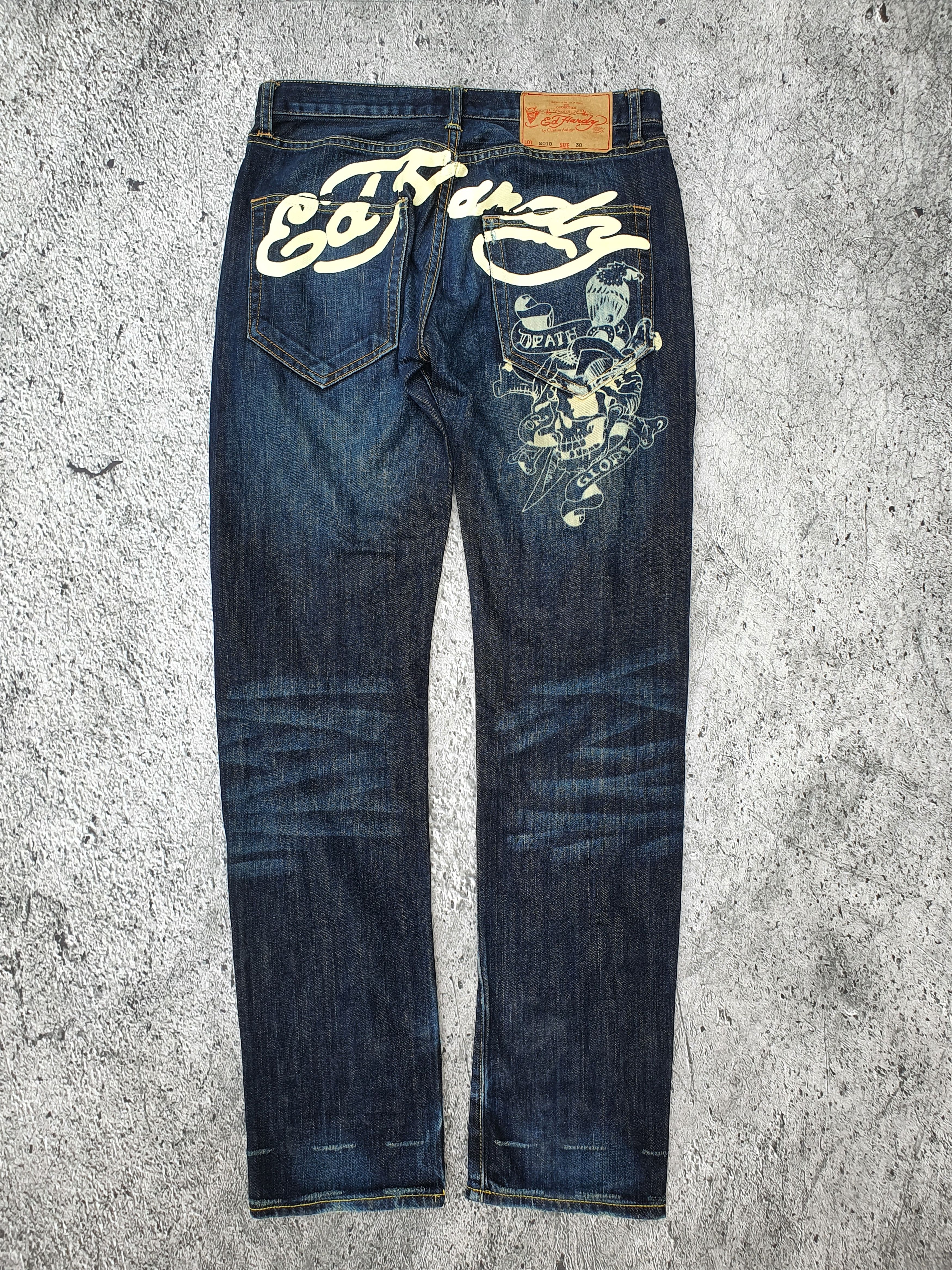 image of Christian Audigier x Ed Hardy Y2K Ed Hardy Back Spellout Big Logo Distressed Denim in Indigo (Size 