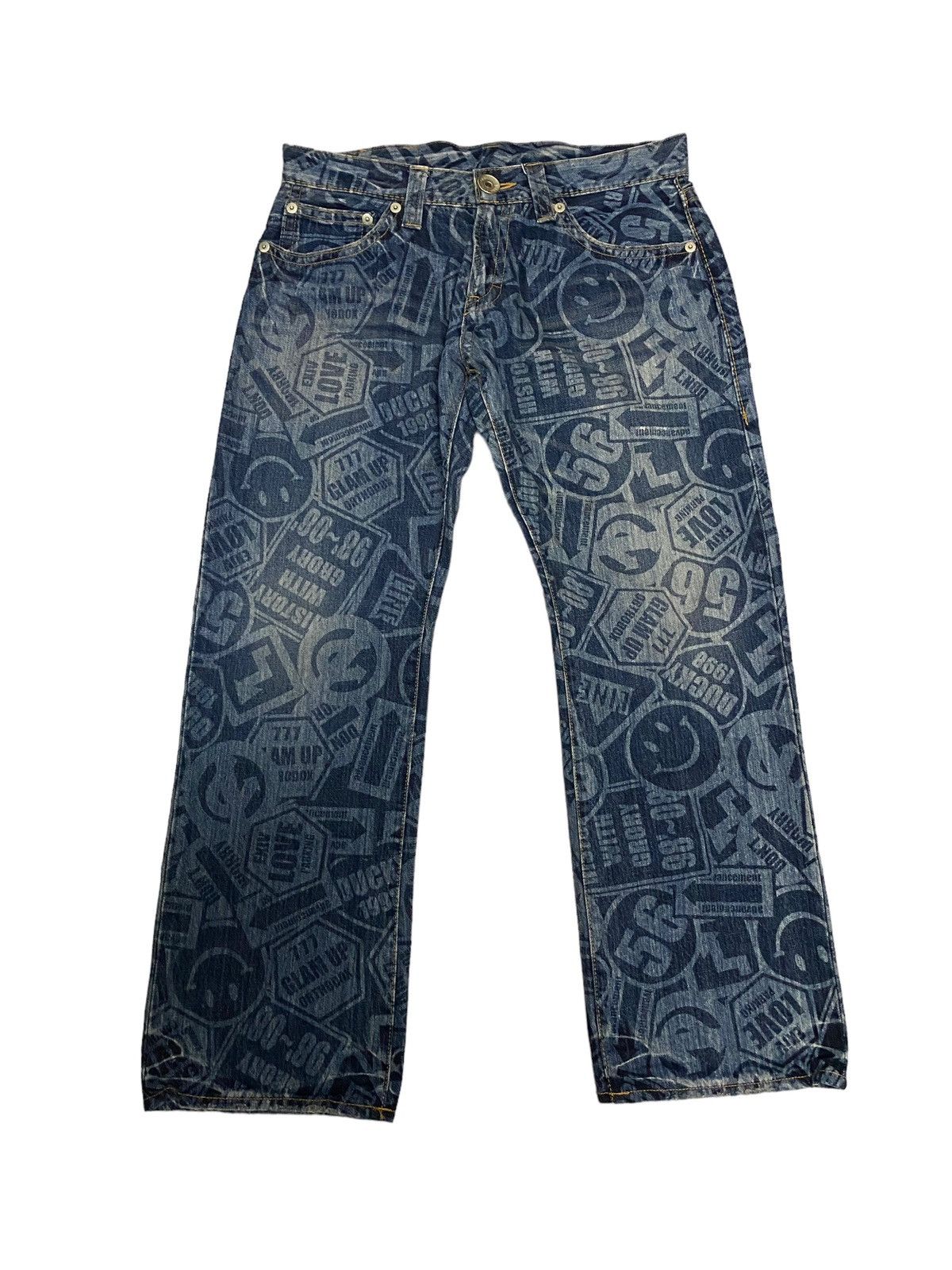 image of Distressed Denim x Hysteric Glamour Offervintage Co&lu Fullprint Japanese Distress Denim Jeans (Siz
