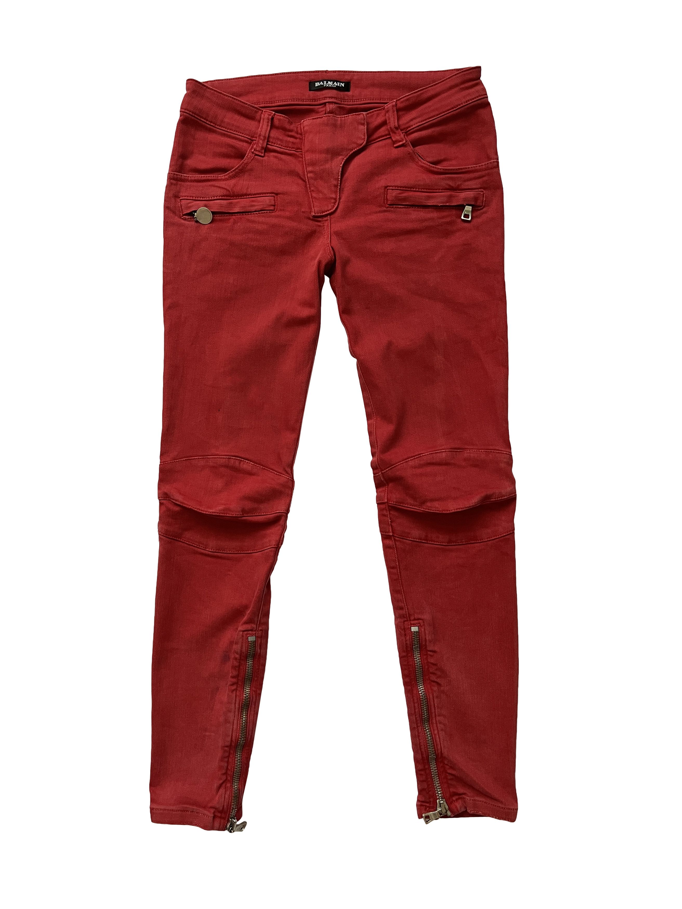 image of 20011 Balmain Red Low-Rise Biker Jeans Pants, Women's (Size 27)