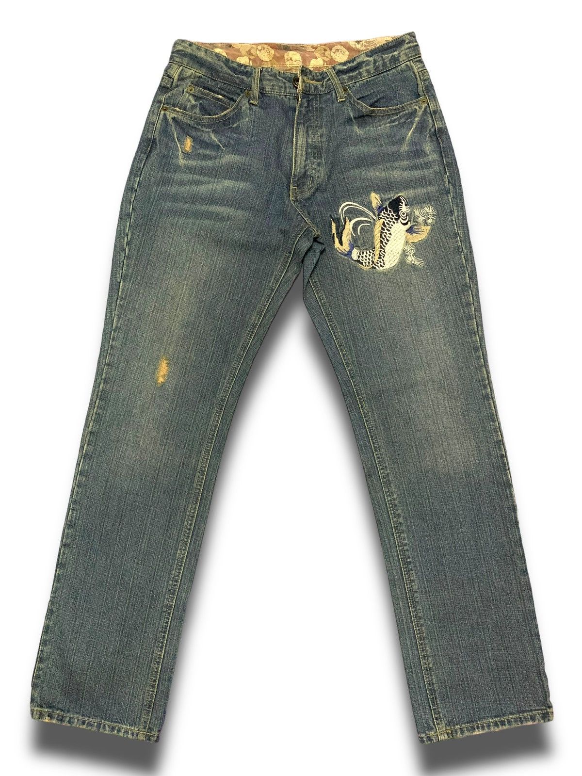 Japanese Brand Vintage 90s Sugoi Fish Koi Kaihara Jeans Size US 31 - 1 Thumbnail