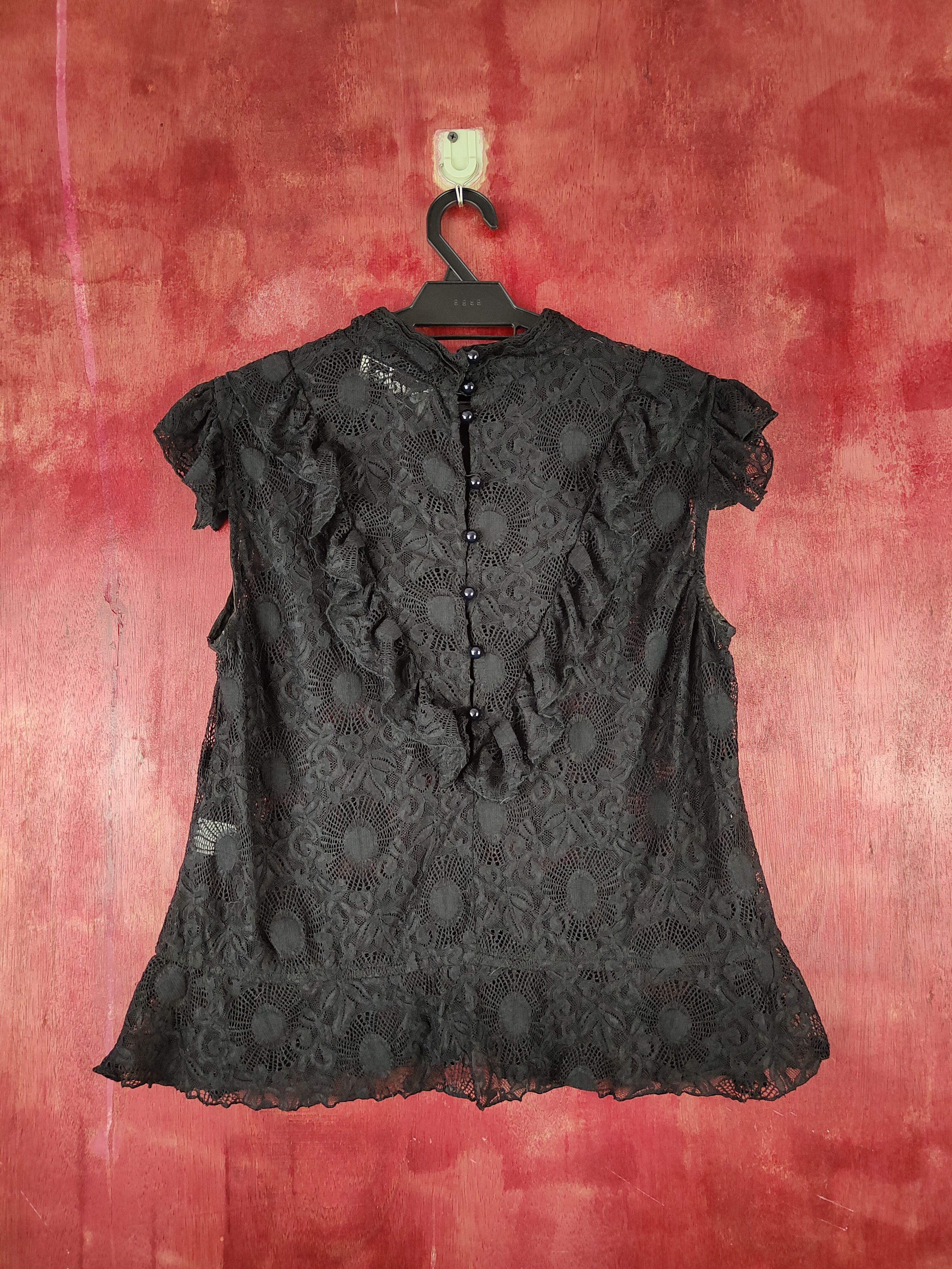 image of Vintage Evoke Black Short Sleeve Crochet Meshnet Blouses S1003, Women's (Size Small)