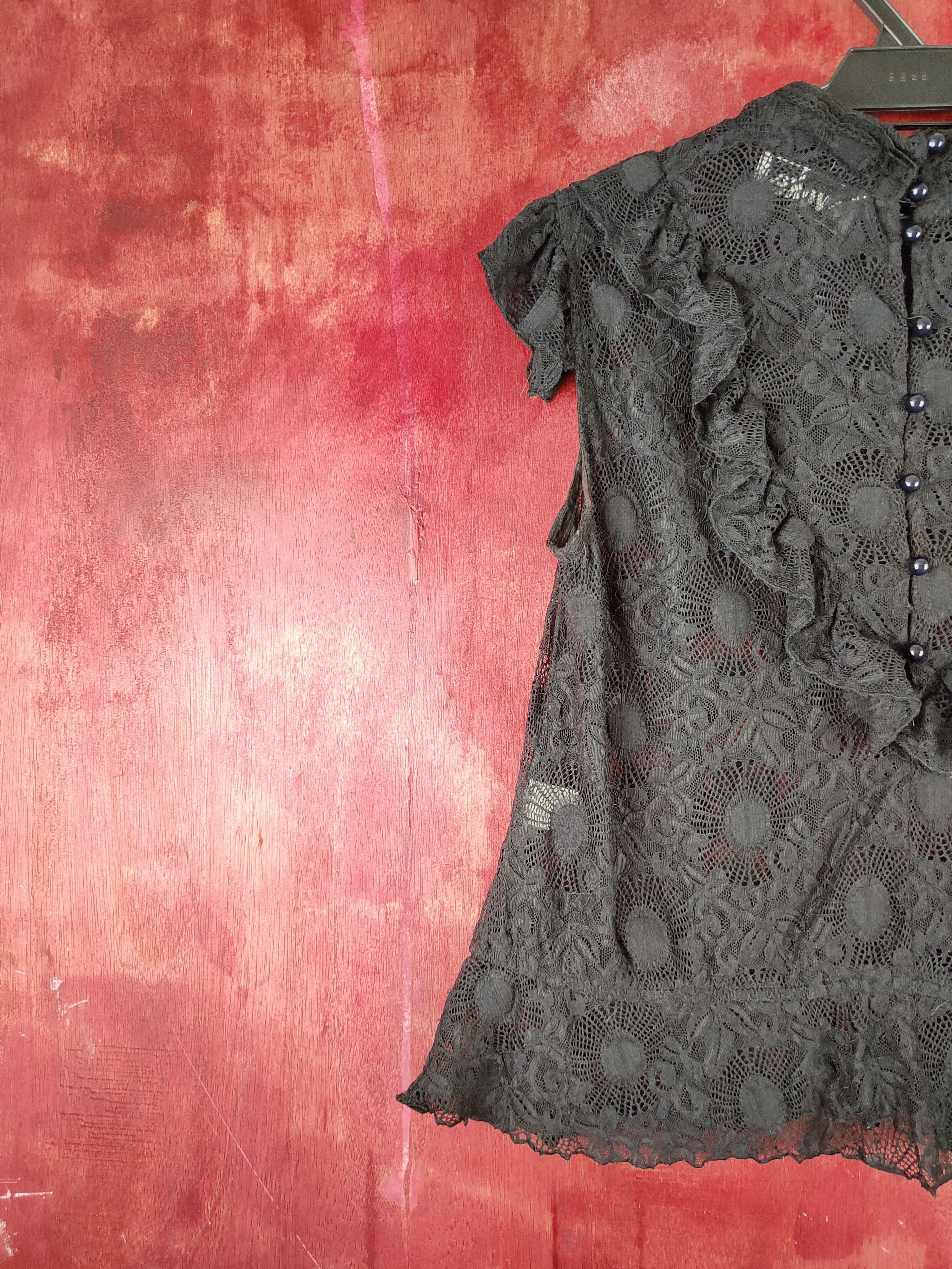Japanese Brand Evoke Black Short Sleeve Crochet Meshnet Blouses #S1003 Size S / US 4 / IT 40 - 3 Thumbnail