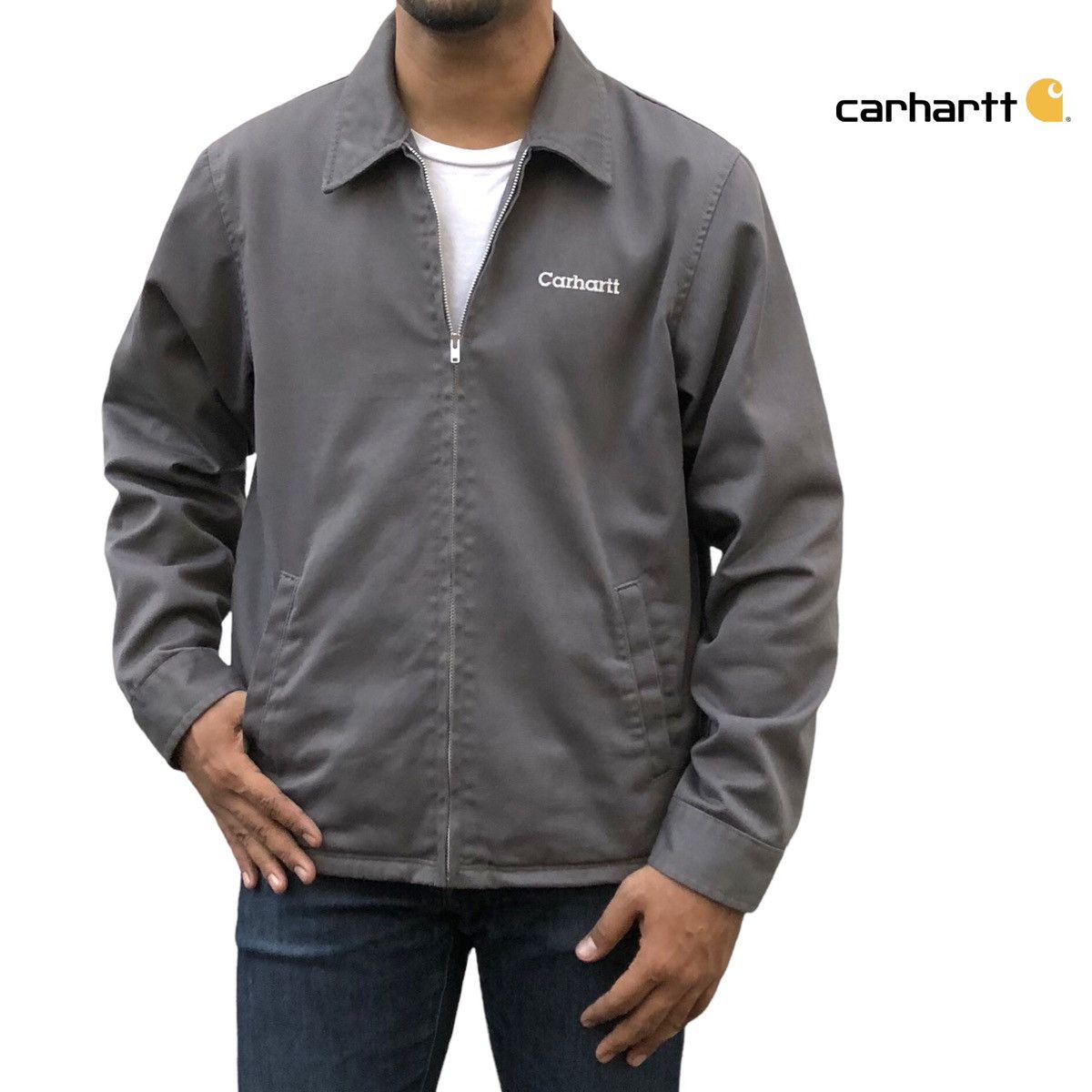 Pre-owned Carhartt Jacket Embroidered Spell Out With Fleece Lined In Grey