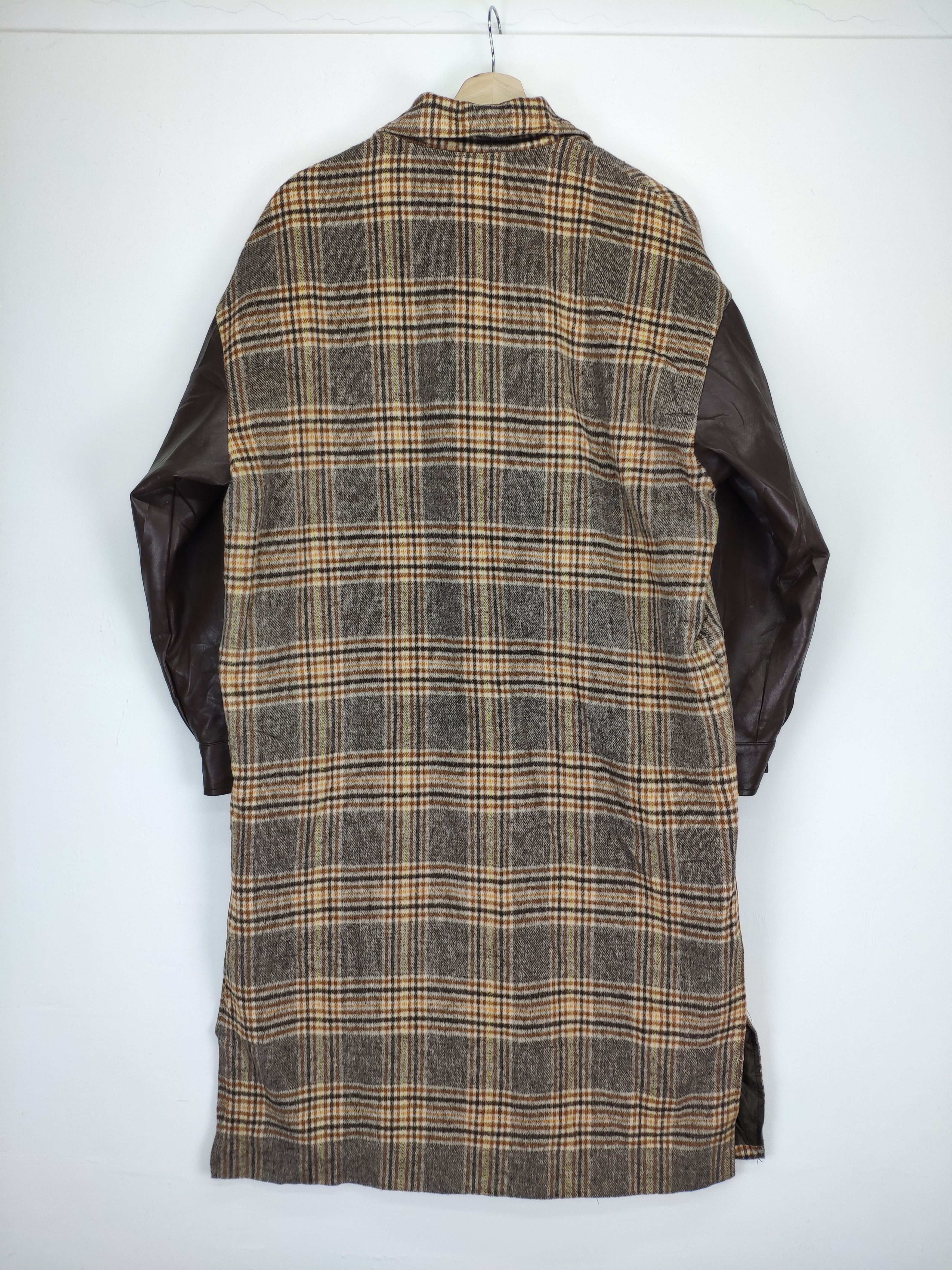 Japanese Brand × Vintage AW20 Vintage Wool Jacket Long Checkered Sleeve Leather Size L / US 10 / IT 46 - 14 Thumbnail