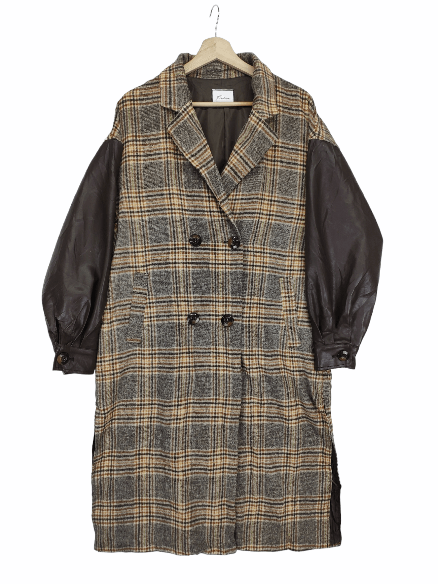Japanese Brand × Vintage AW20 Vintage Wool Jacket Long Checkered Sleeve Leather Size L / US 10 / IT 46 - 1 Thumbnail