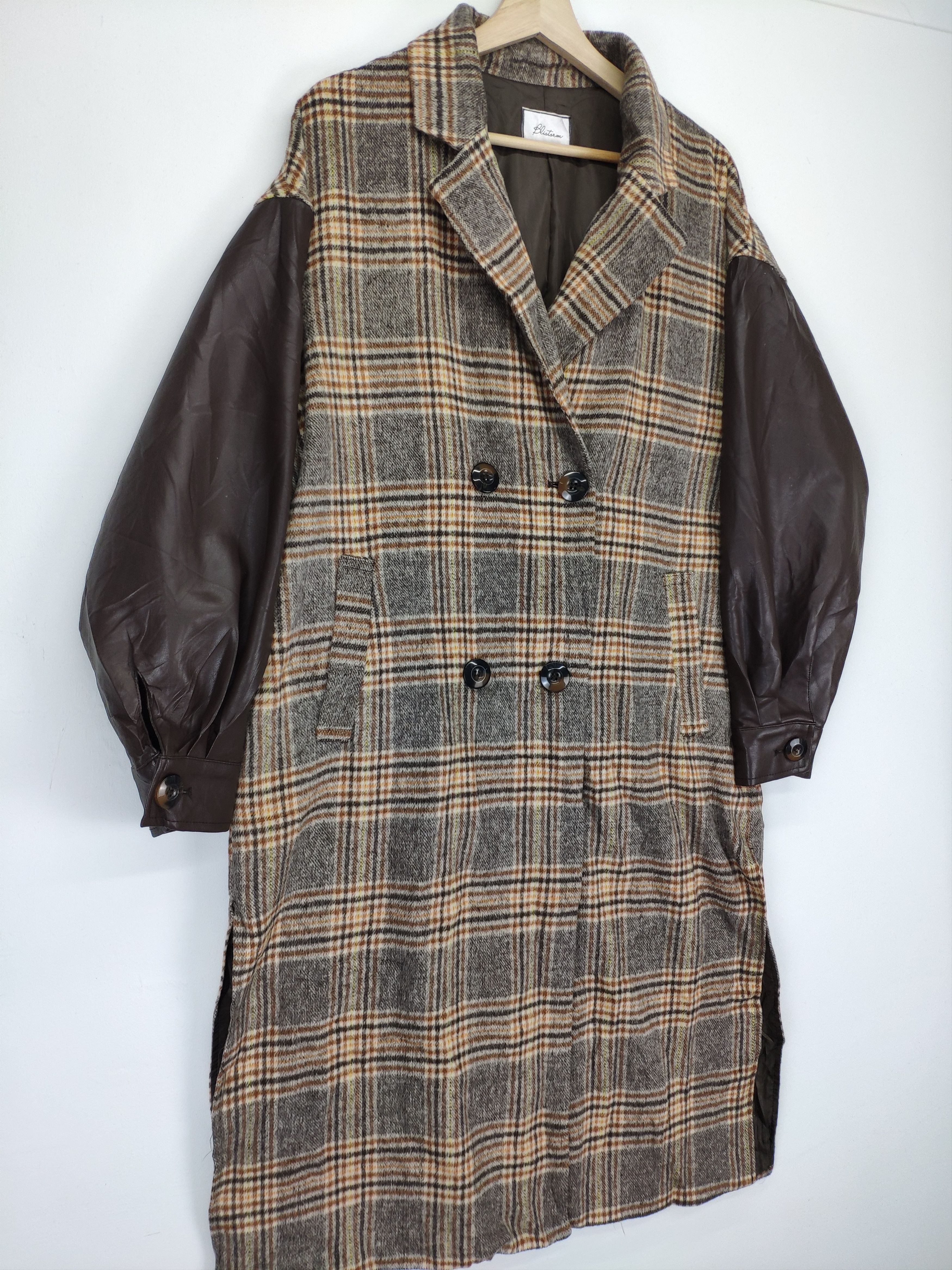 Japanese Brand × Vintage AW20 Vintage Wool Jacket Long Checkered Sleeve Leather Size L / US 10 / IT 46 - 3 Thumbnail