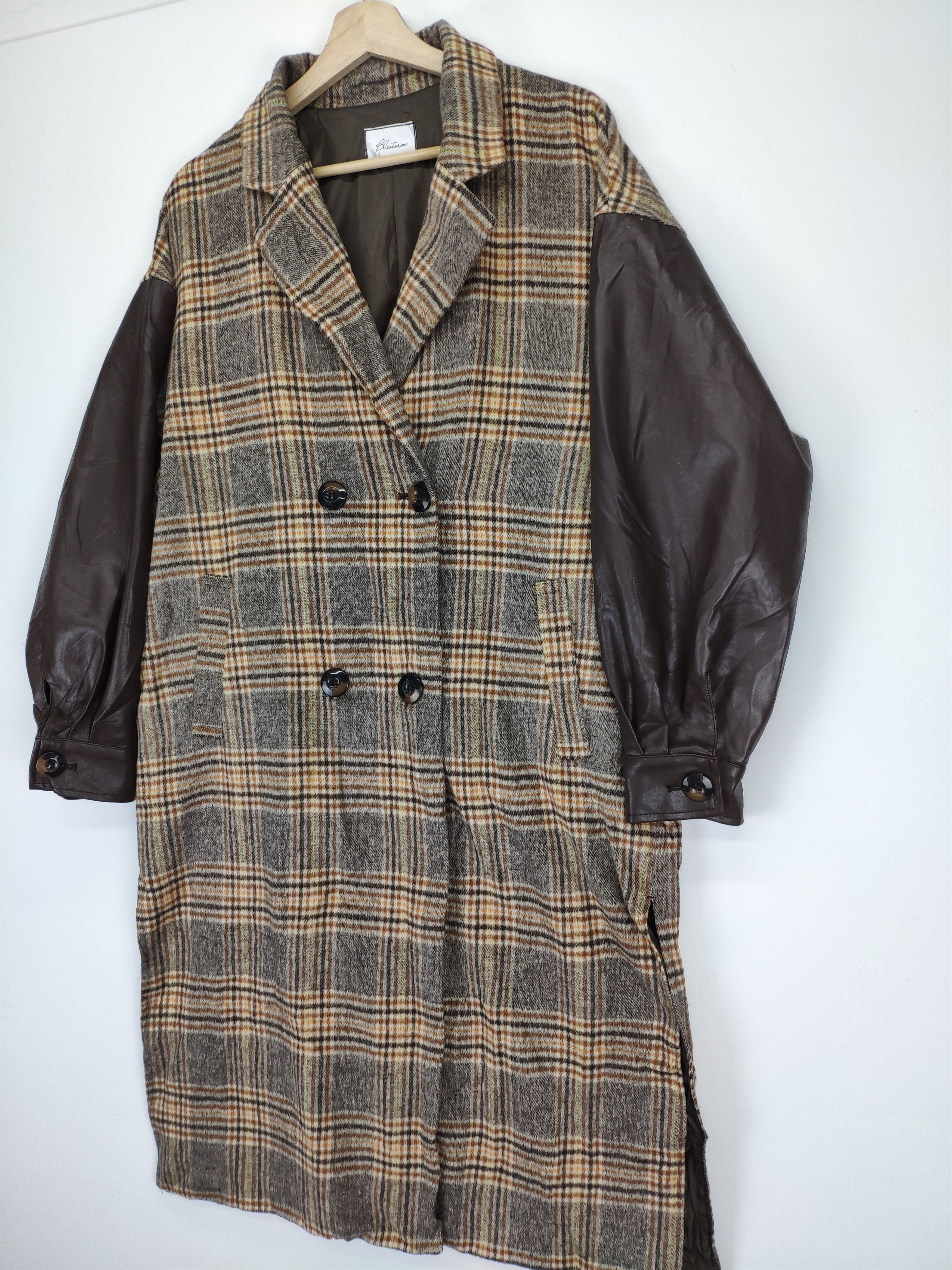 Japanese Brand × Vintage AW20 Vintage Wool Jacket Long Checkered Sleeve Leather Size L / US 10 / IT 46 - 2 Thumbnail
