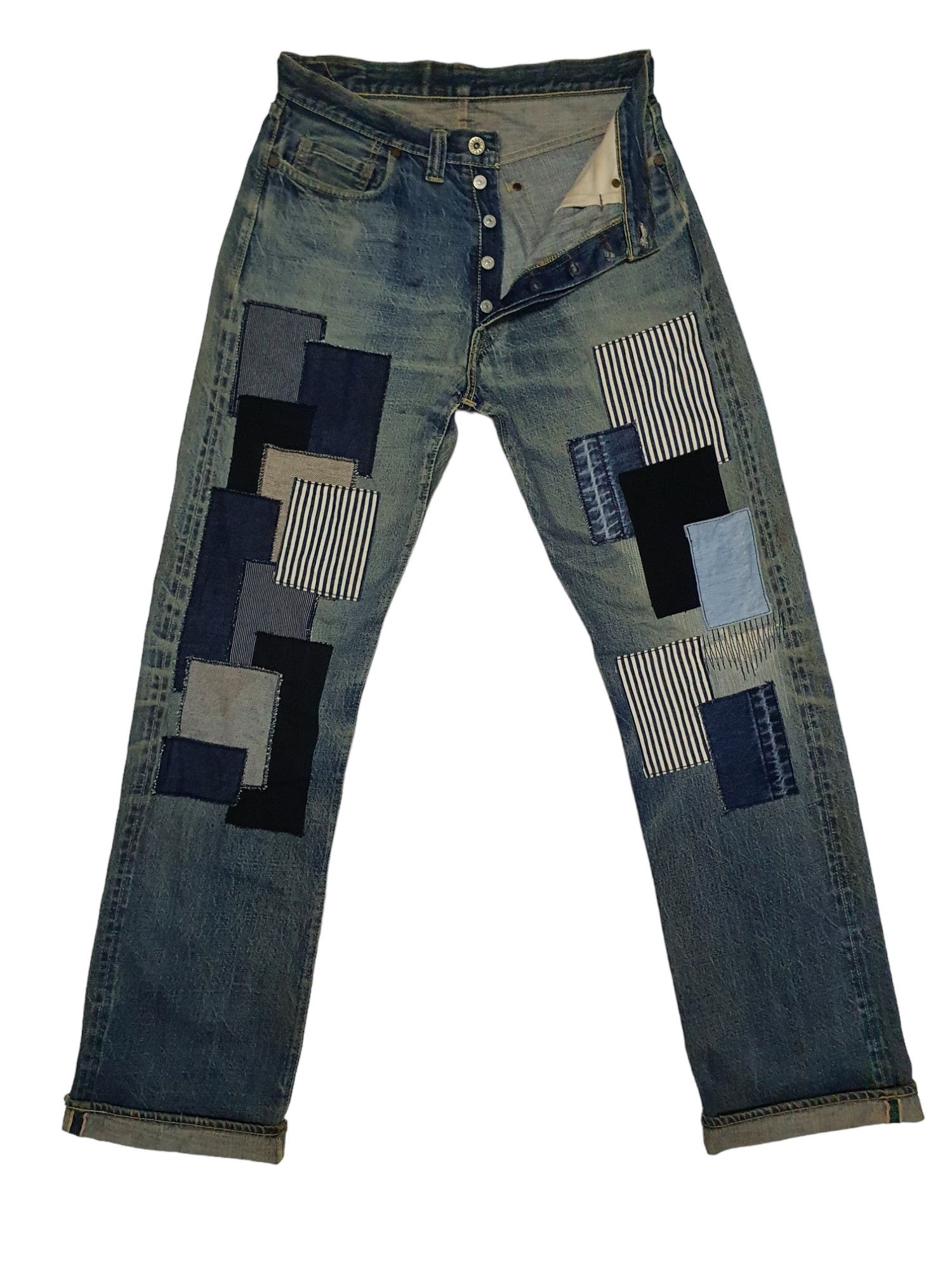 image of Waist 30" Denime Patches Distressed Selvedge Jeans in Blue Denim, Men's (Size 31)