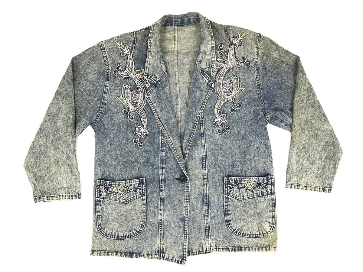 Denim Jacket Coat Style Trucker Embroidery Floral Logo