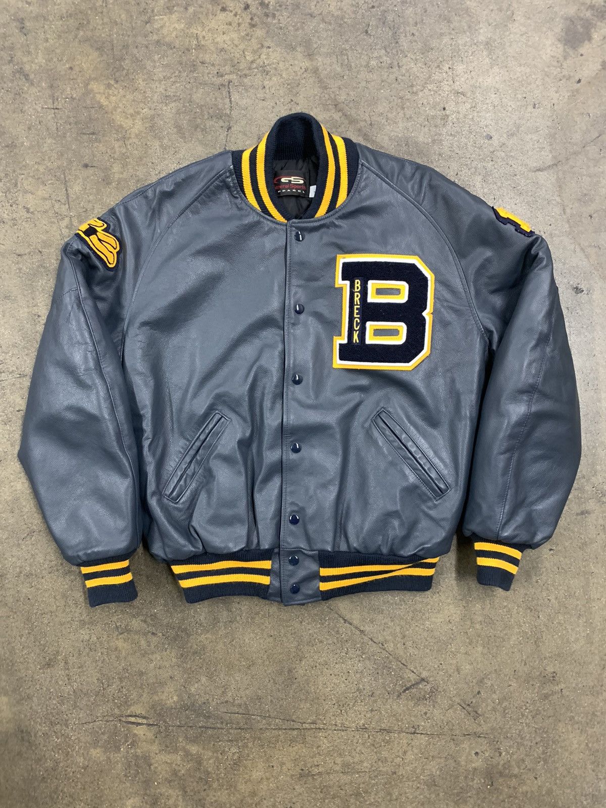 image of Leather Jacket x Vintage Breck Leather Varsity Jacket in Blue, Men's (Size Large)