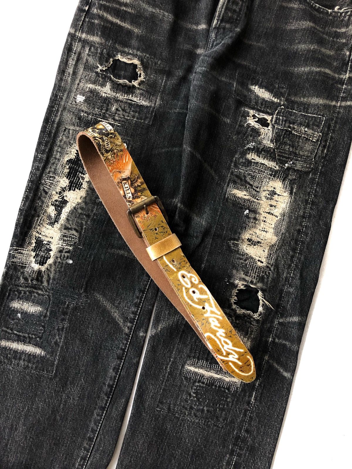 Christian Audigier OG Ed Hardy Artist Tattoo OverPrinted Leather Belt Size ONE SIZE - 2 Thumbnail