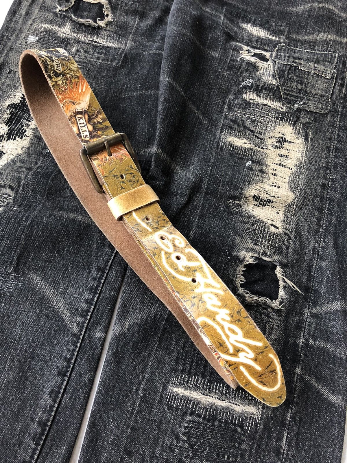 Christian Audigier OG Ed Hardy Artist Tattoo OverPrinted Leather Belt Size ONE SIZE - 1 Thumbnail