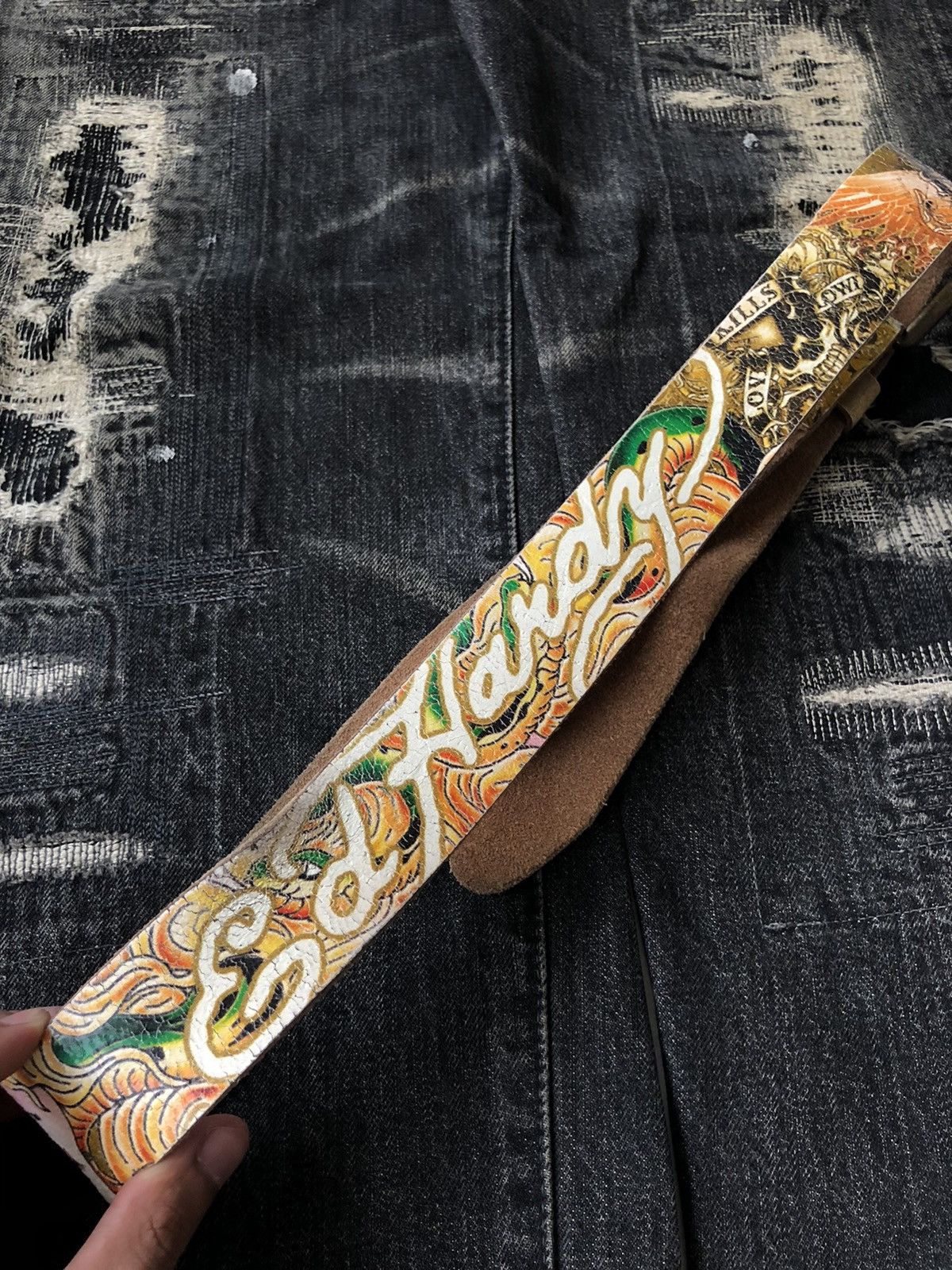 Christian Audigier OG Ed Hardy Artist Tattoo OverPrinted Leather Belt Size ONE SIZE - 3 Thumbnail