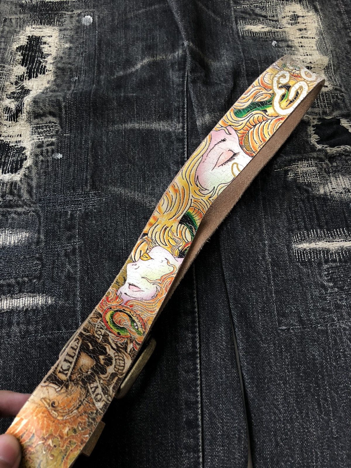 Christian Audigier OG Ed Hardy Artist Tattoo OverPrinted Leather Belt Size ONE SIZE - 4 Thumbnail
