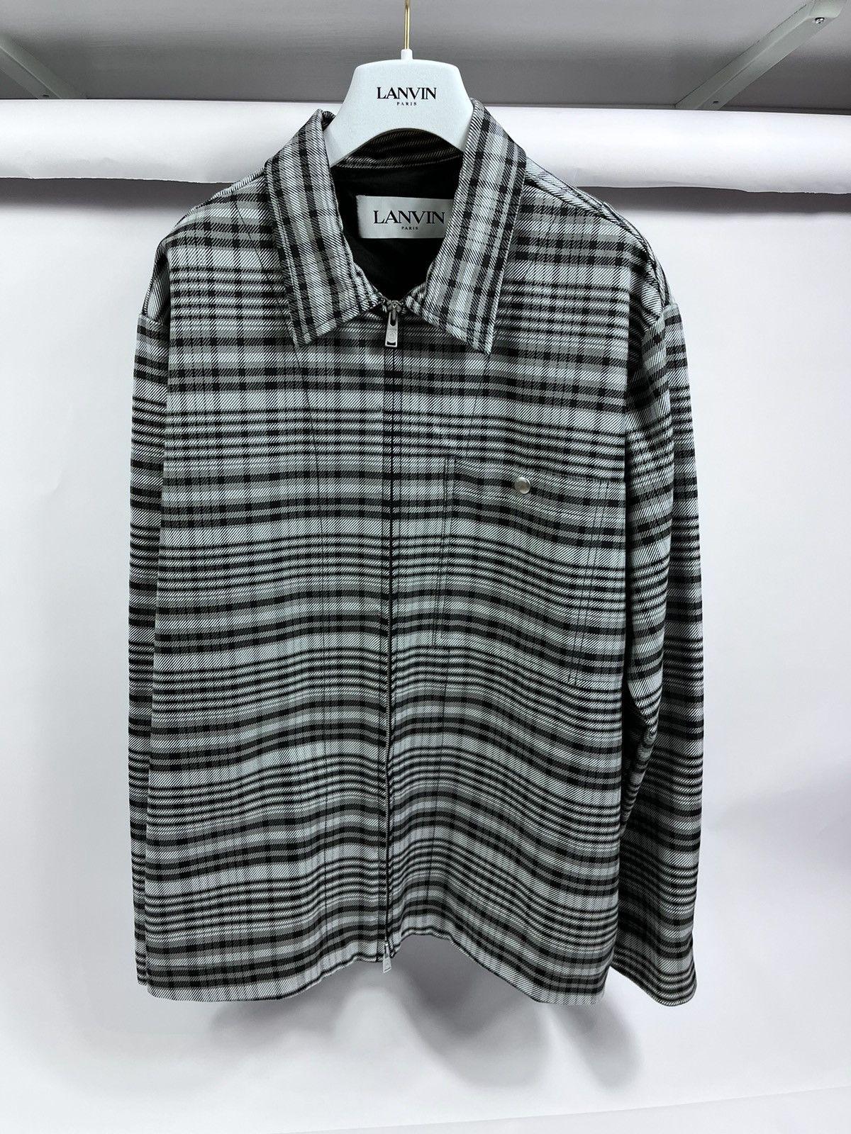image of Lanvin Zip Up Oversized Checked Light Weight Jacket in Grey, Men's (Size Medium)
