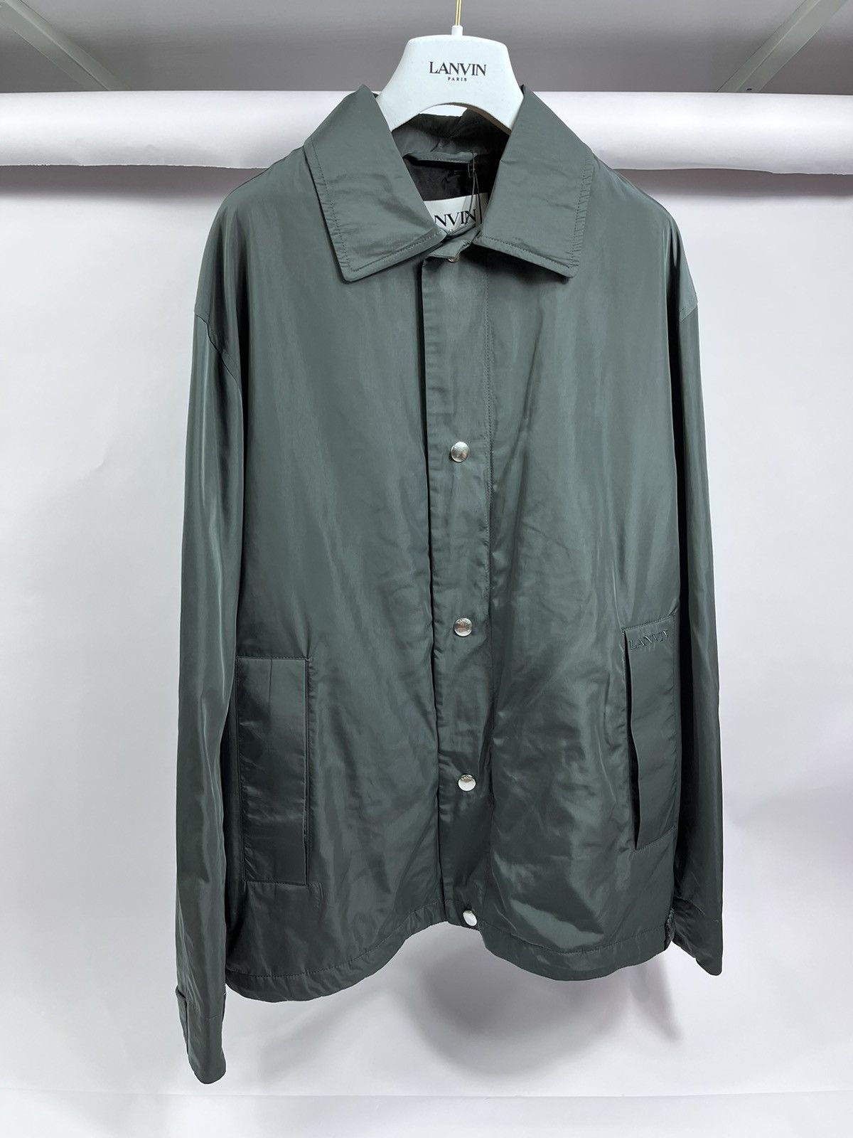 image of Lanvin Embroidered Logo Oversized Shirt Jacket in Grey, Men's (Size Medium)