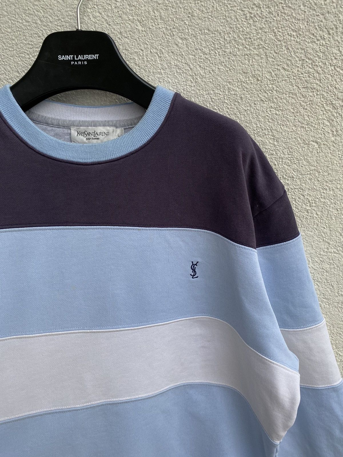image of Vintage x YVES Saint Laurent YSL Sweatshirt Striped YSL Crewneck YSL Sweater in Navy Blue White (Si