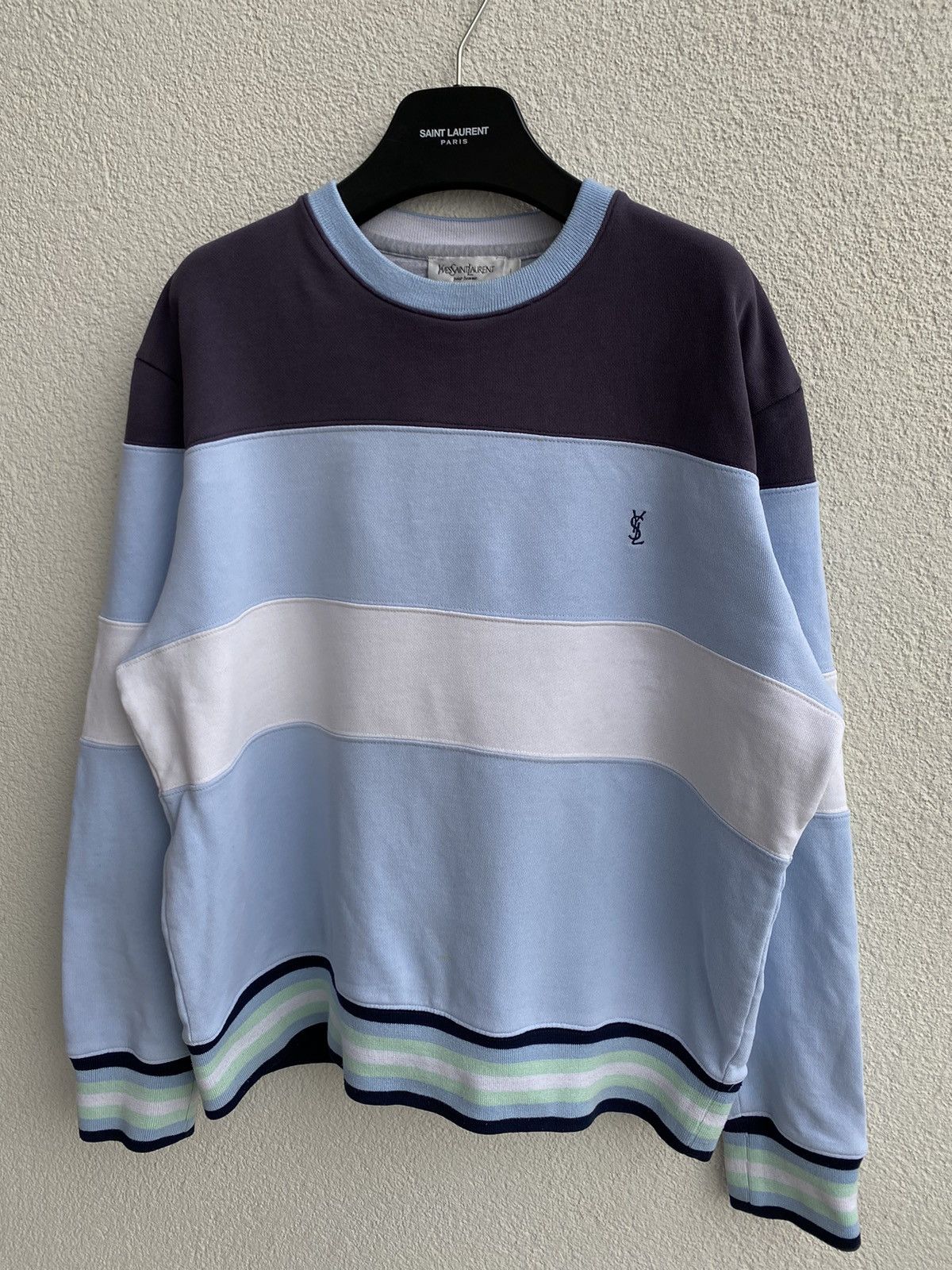 image of Vintage x YVES Saint Laurent YSL Sweatshirt Striped YSL Crewneck YSL Sweater in Navy Blue White (Si