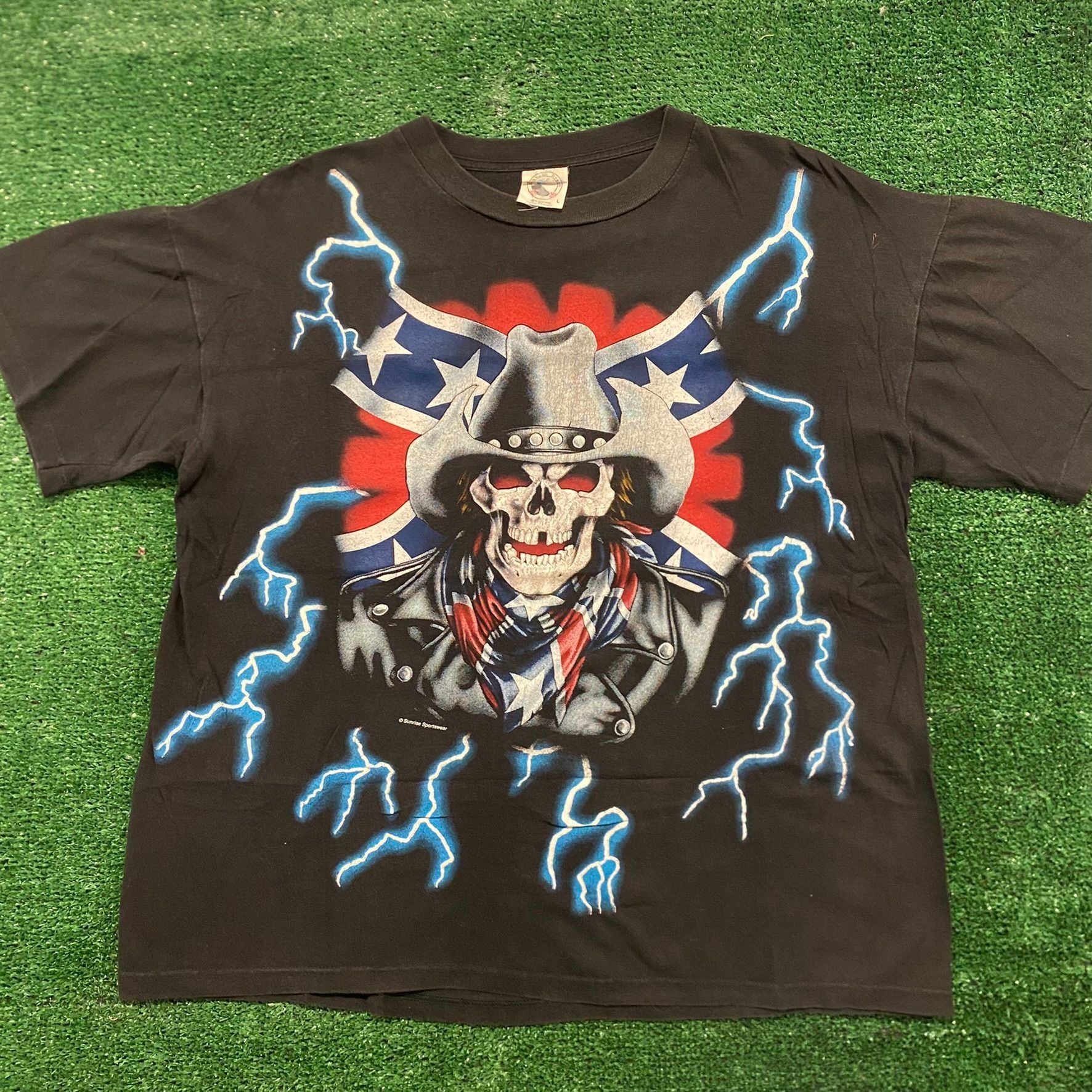 Vintage Crazy Vintage 90s American Thunder Skull AOP T-Shirt Size US L / EU 52-54 / 3 - 1 Thumbnail
