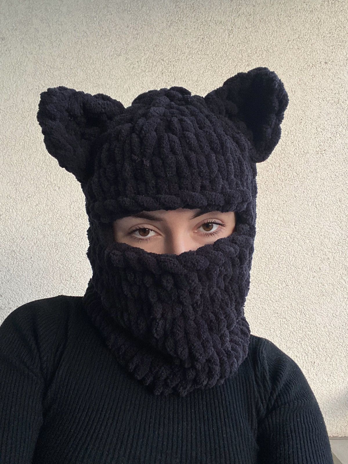 Cat balaclava with ears . Black full face mask. Ski mask hat