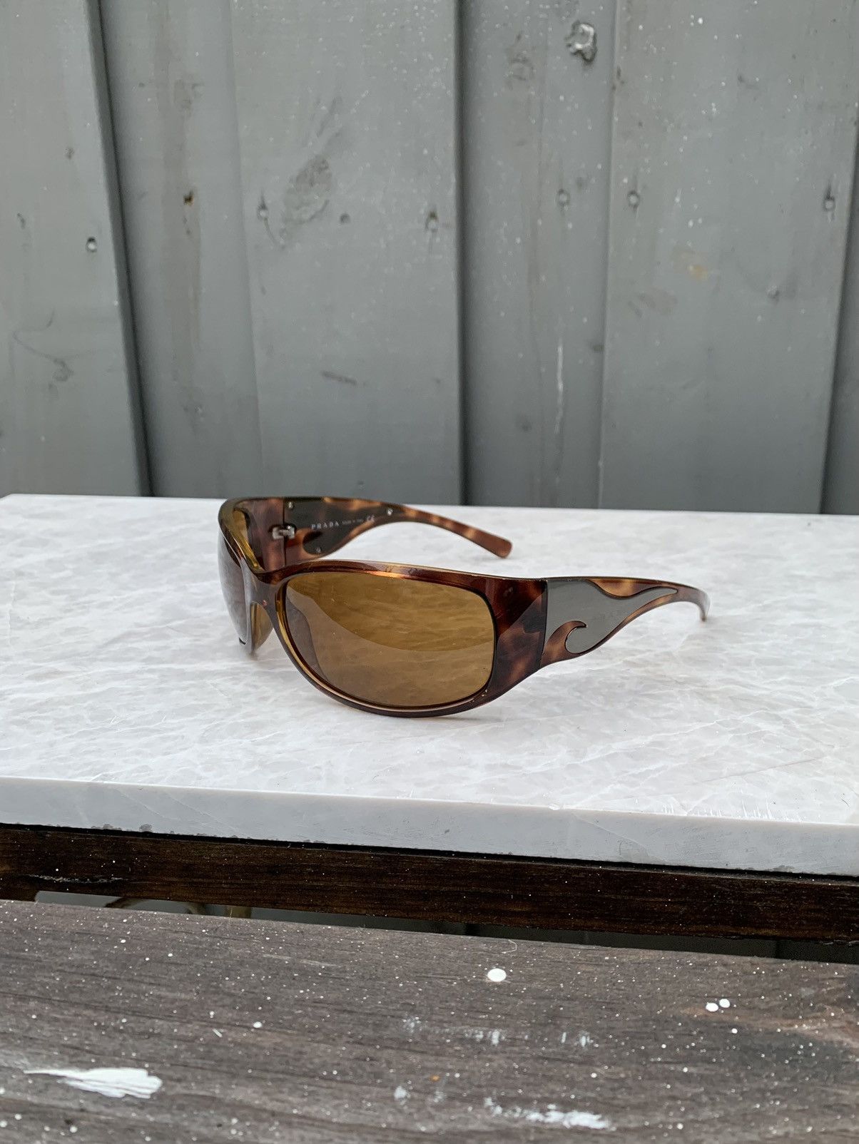 image of Archival Clothing x Prada 2000S Prada Flame Wave Full Wrap Sunglasses Y2K 03G in Brown, Men's